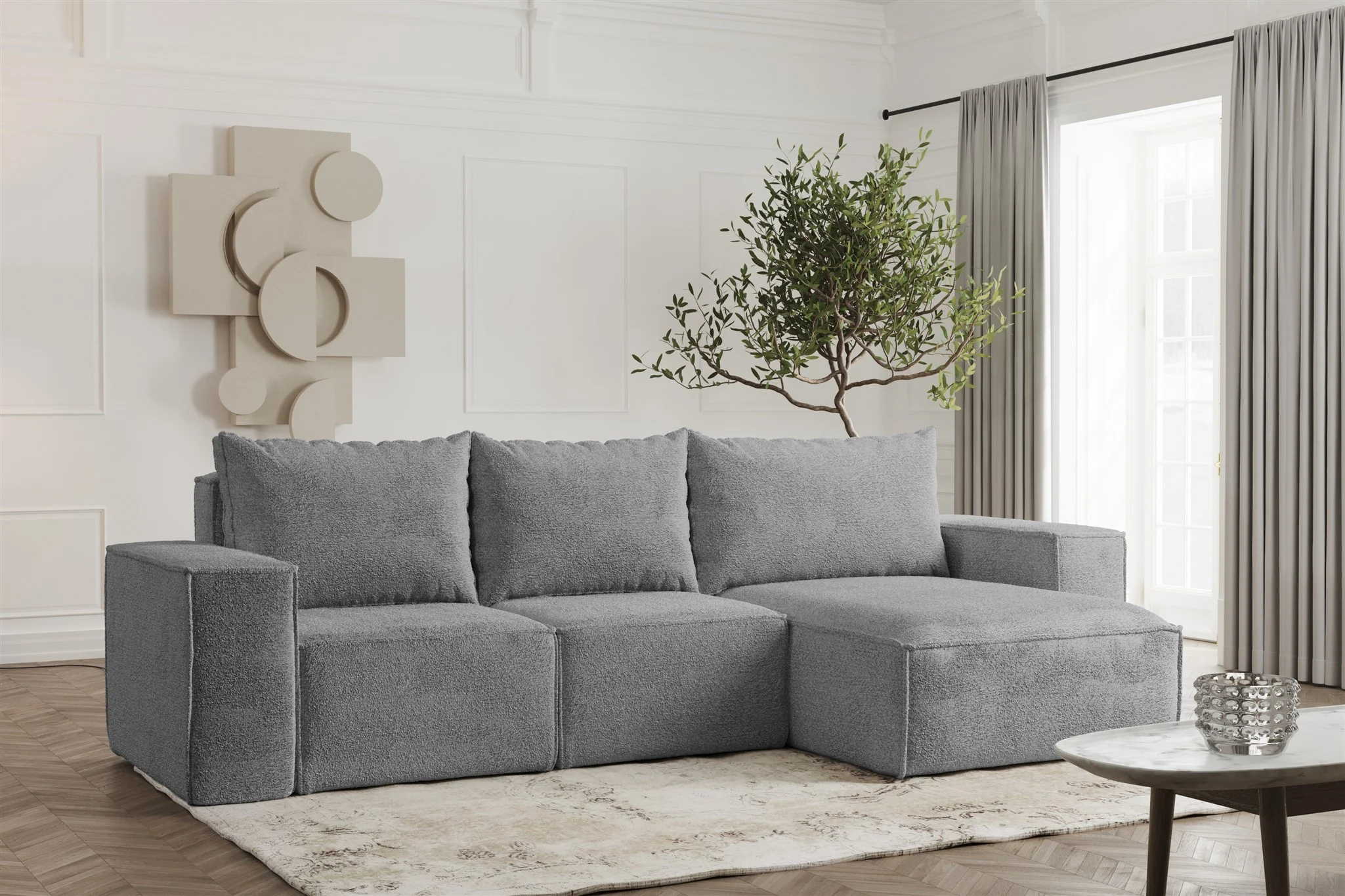 Ecksofa Designersofa ESTELLE in Stoff Abriamo Grau Ottomane Rechts - Fun Möbel