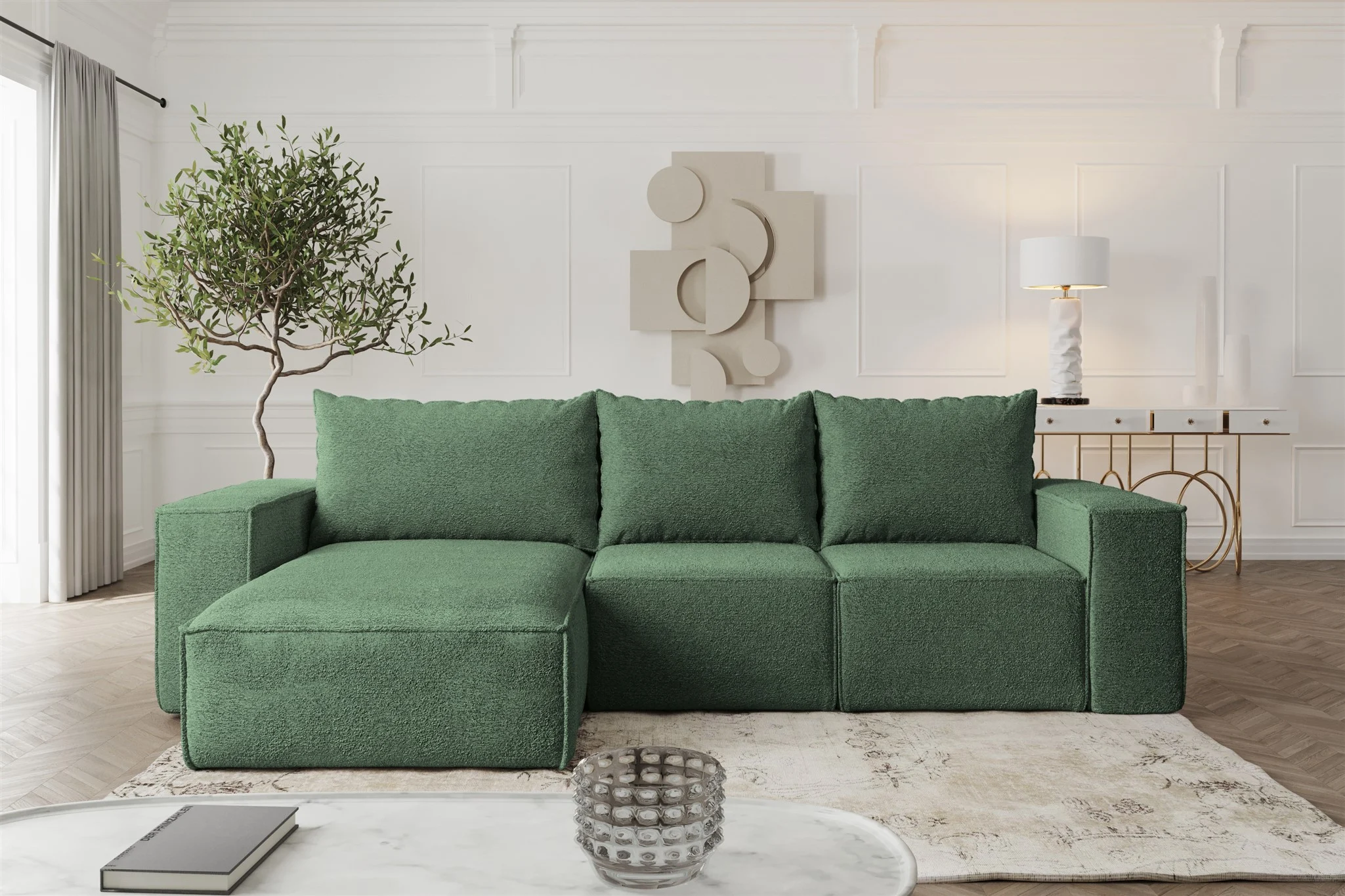Ecksofa Sofa mit Schlaffunktion ESTELLE in Stoff Abriamo Grün Ottomane Links - Fun Möbel