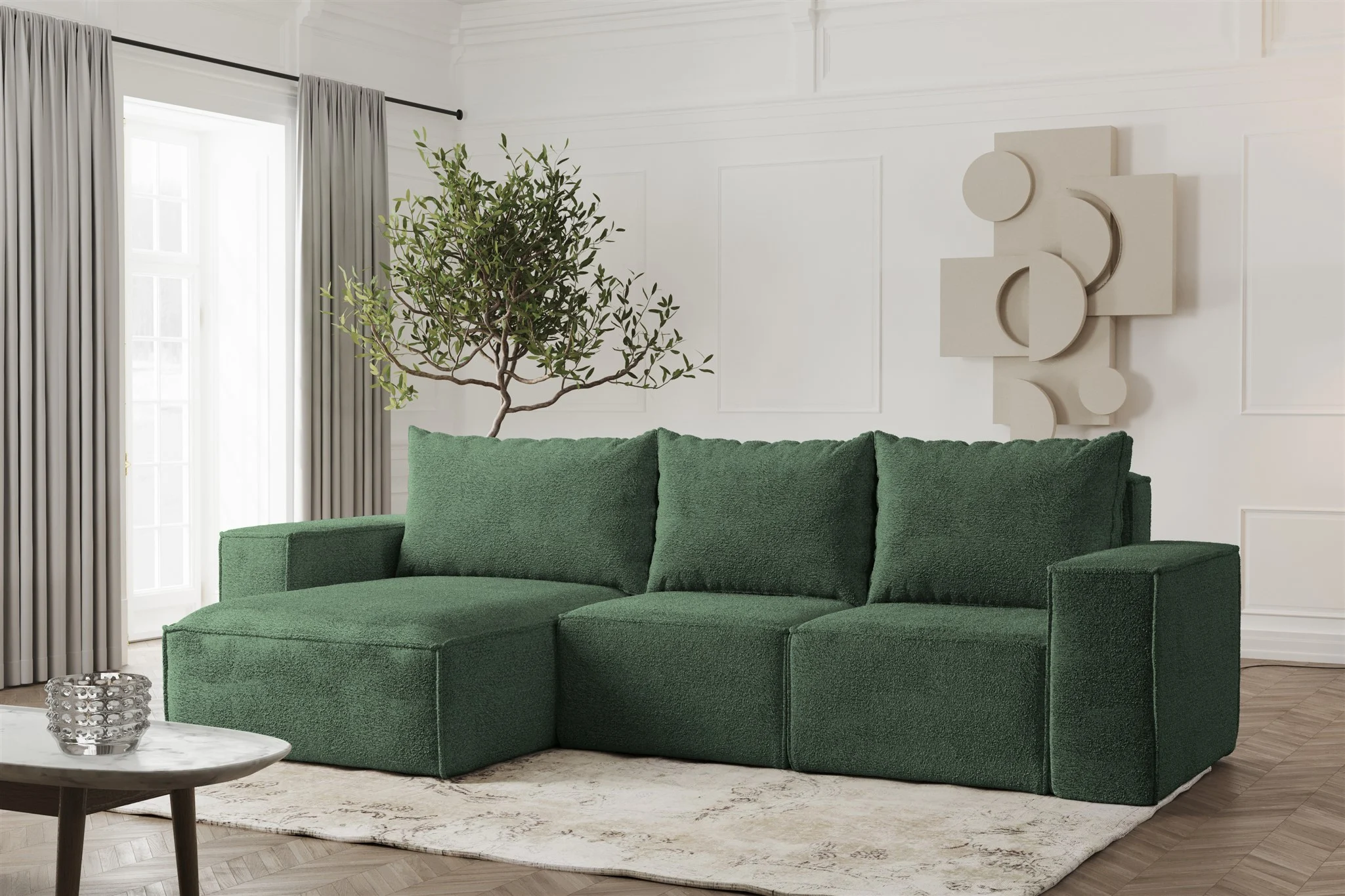Ecksofa Designersofa ESTELLE in Stoff Abriamo Grün Ottomane Links - Fun Möbel