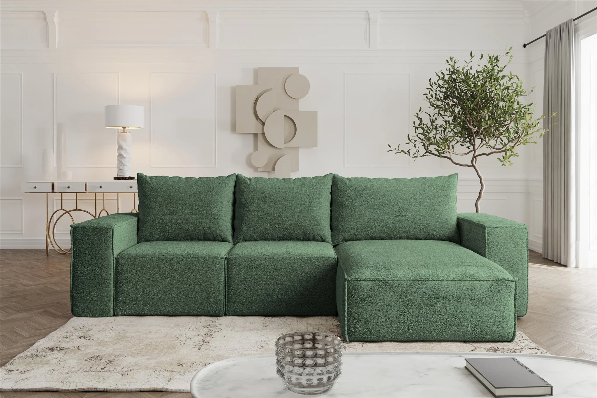 Ecksofa Sofa mit Schlaffunktion ESTELLE in Stoff Abriamo Grün Ottomane Rechts - Fun Möbel