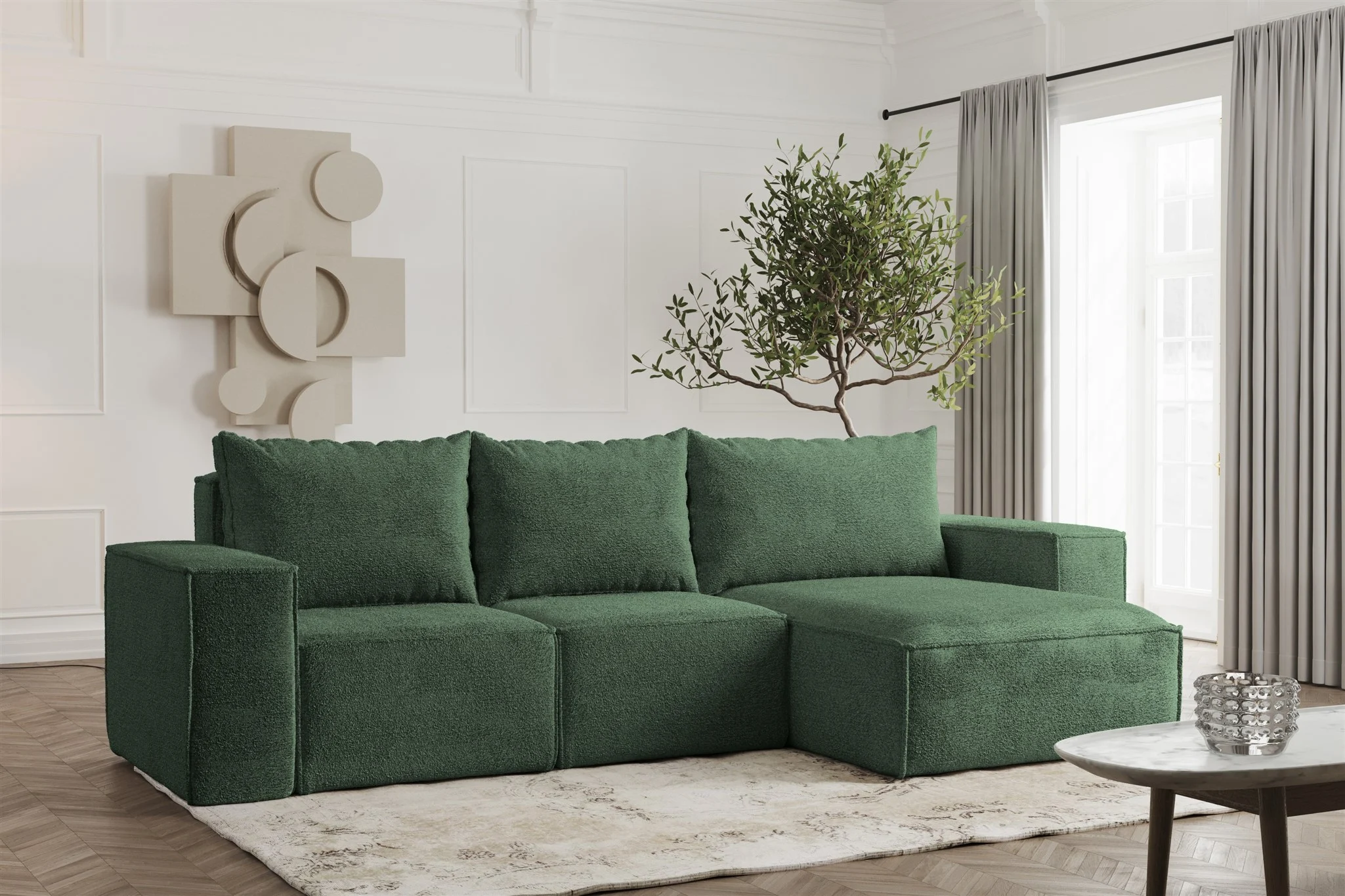Ecksofa Designersofa ESTELLE in Stoff Abriamo Grün Ottomane Rechts - Fun Möbel