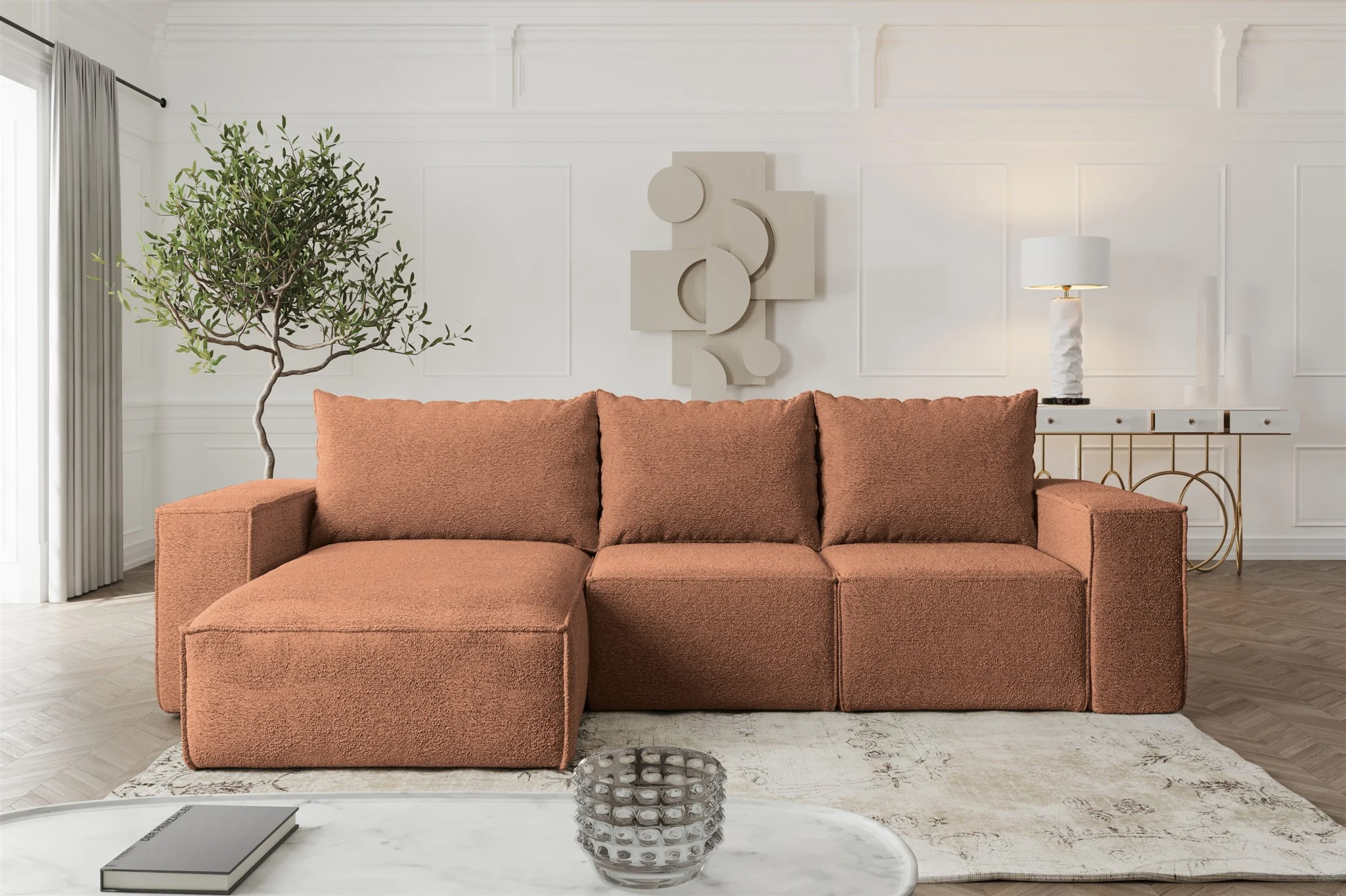 Ecksofa Sofa mit Schlaffunktion ESTELLE Stoff Abriamo Rostbraun Ottomane Links - Fun Möbel