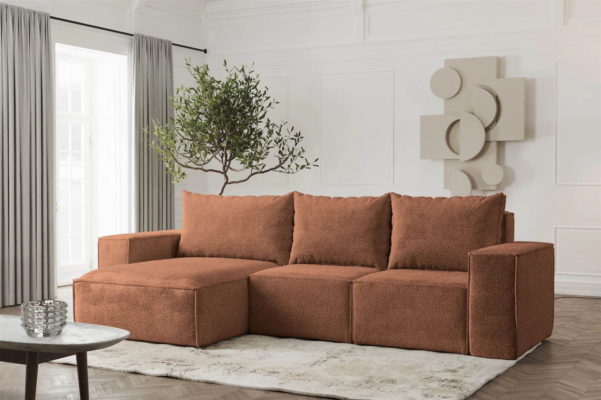 Ecksofa Designersofa ESTELLE in Stoff Abriamo Rostbraun Ottomane Links - Fun Möbel