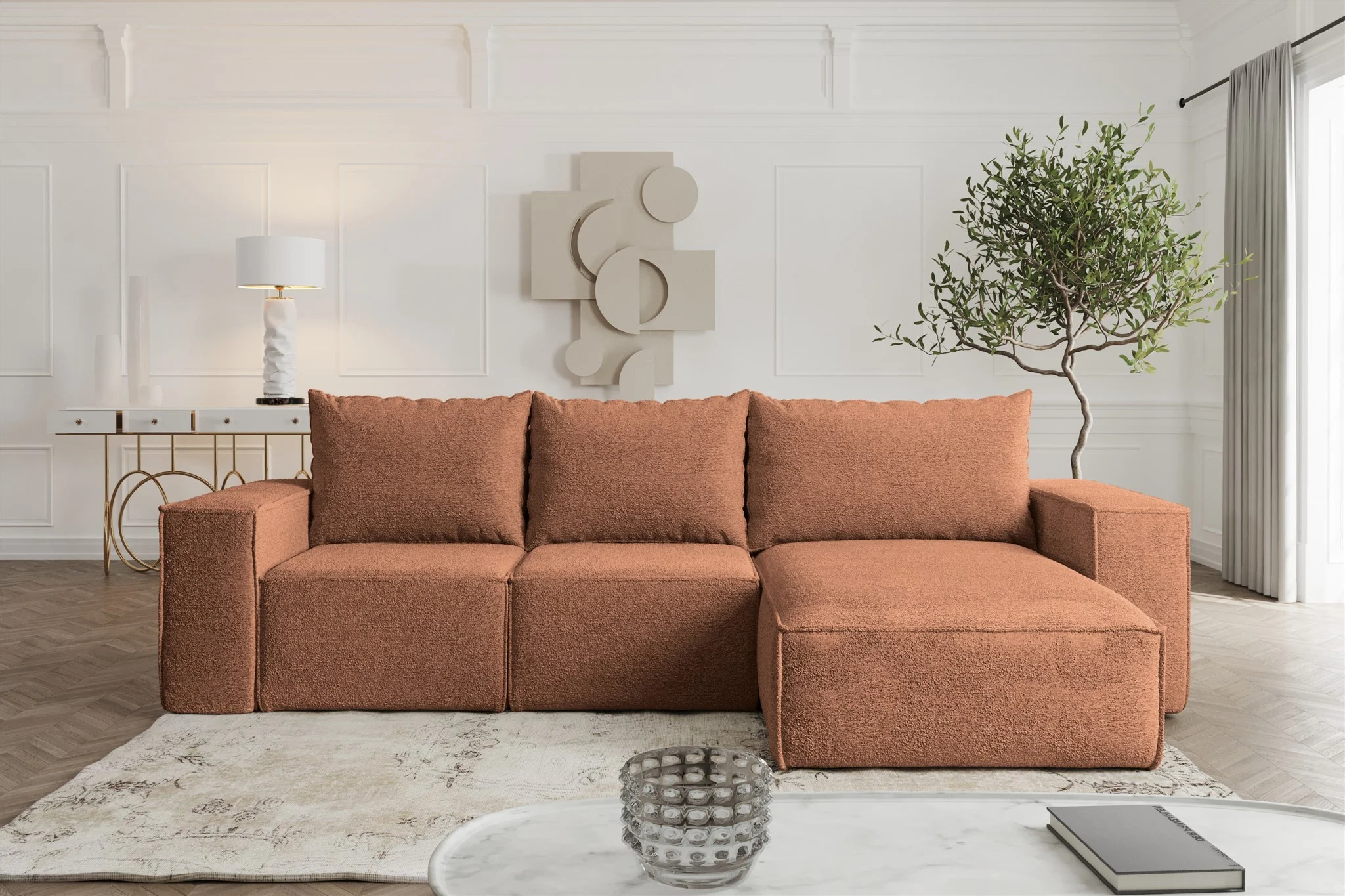 Ecksofa Sofa mit Schlaffunktion ESTELLE Stoff Abriamo Rostbraun Ottomane Rechts - Fun Möbel