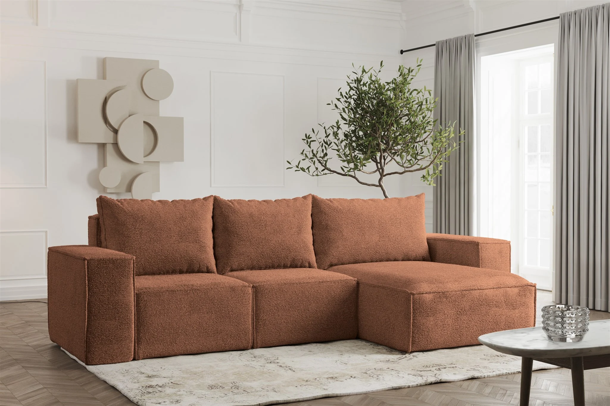 Ecksofa Designersofa ESTELLE in Stoff Abriamo Rostbraun Ottomane Rechts - Fun Möbel