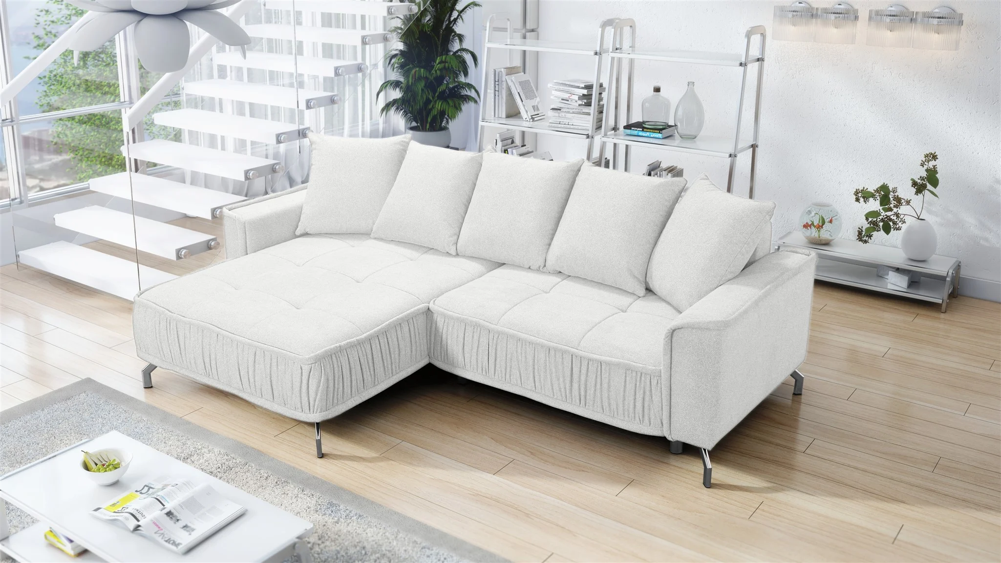 Ecksofa Schlafsofa Sofa FLORENCE Stoff Bubble Creme Ottomane Links - Fun Möbel
