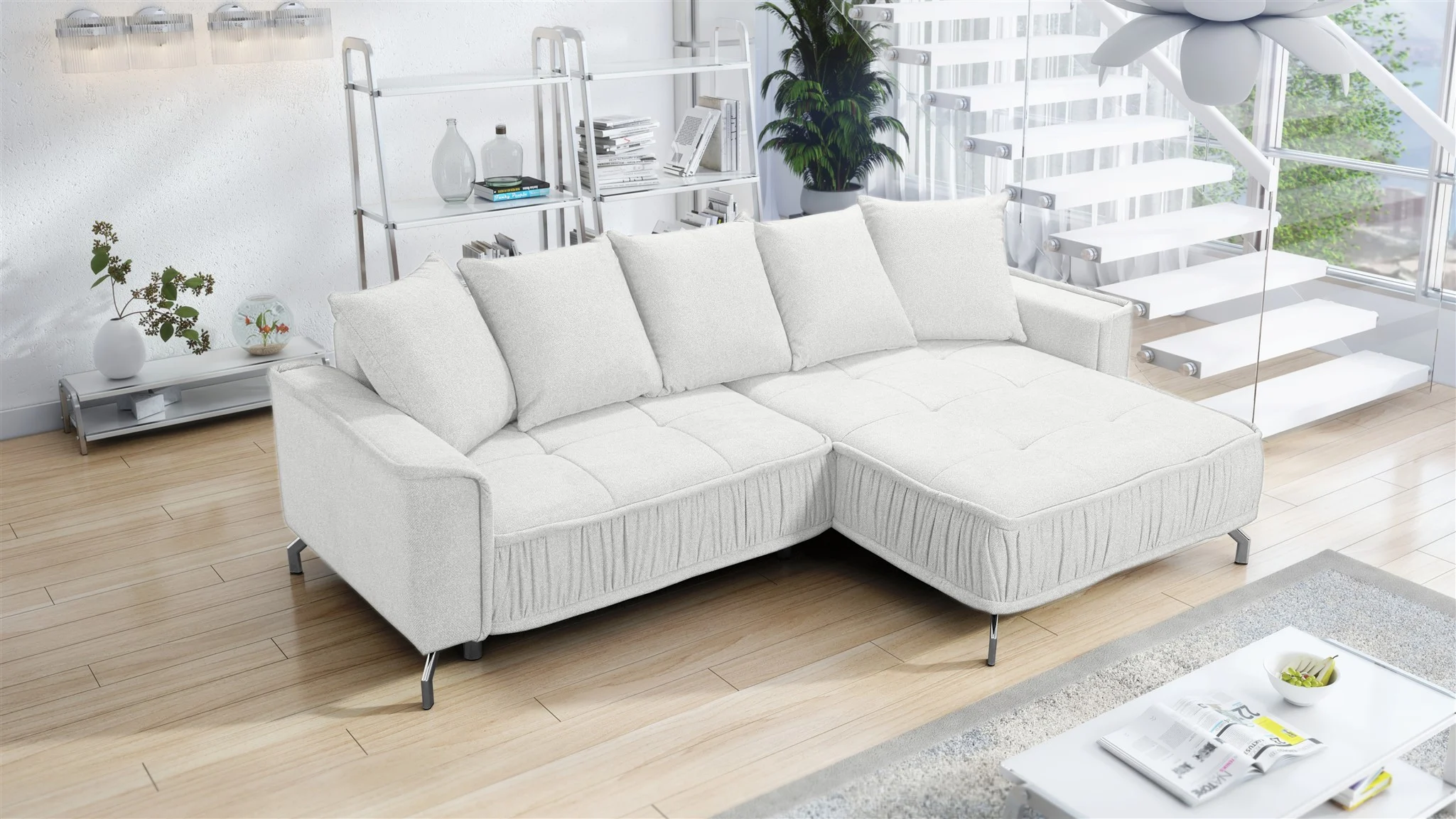 Ecksofa Schlafsofa Sofa FLORENCE Stoff Bubble Creme Ottomane Rechts - Fun Möbel