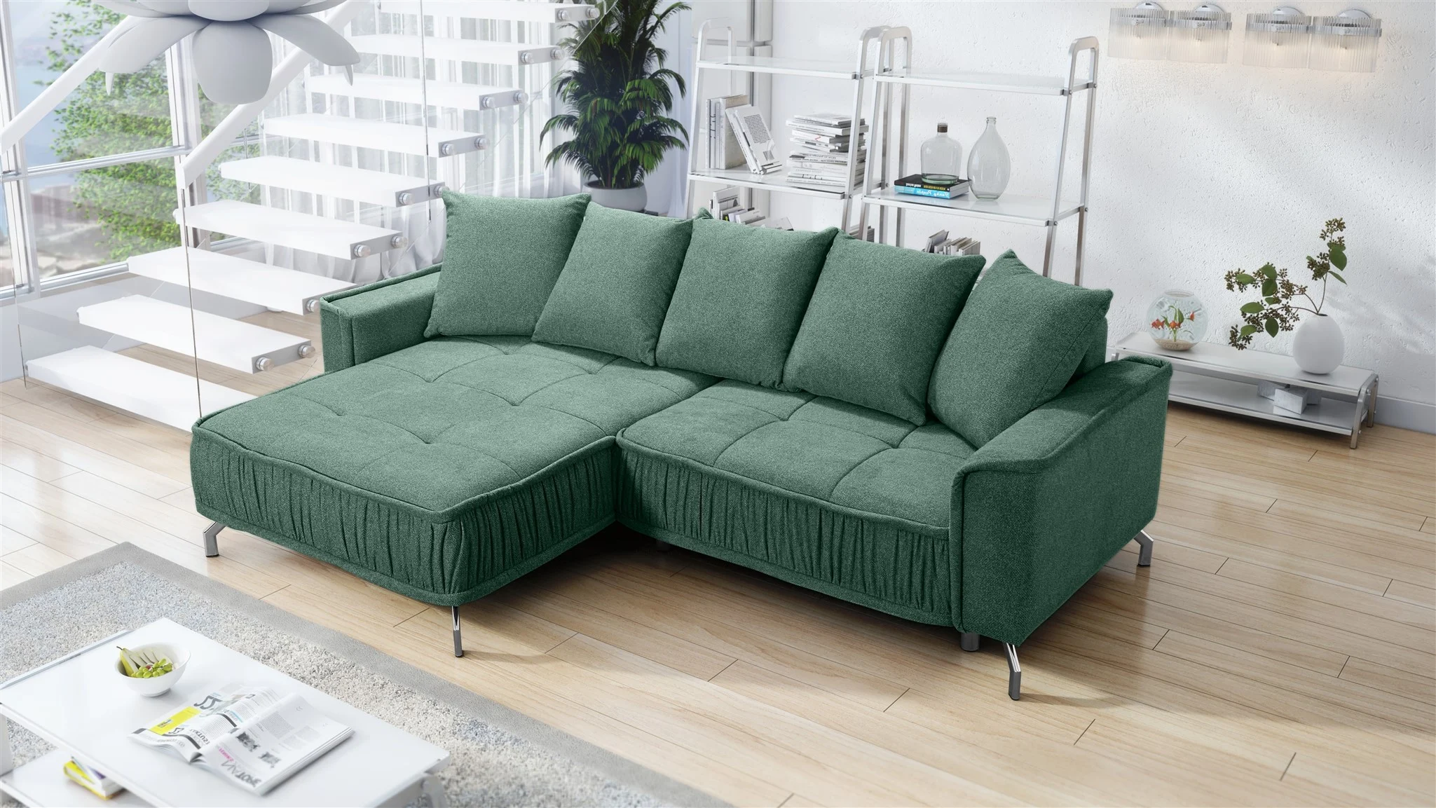 Ecksofa Schlafsofa Sofa FLORENCE Stoff Bubble Flaschengrün Ottomane Links - Fun Möbel