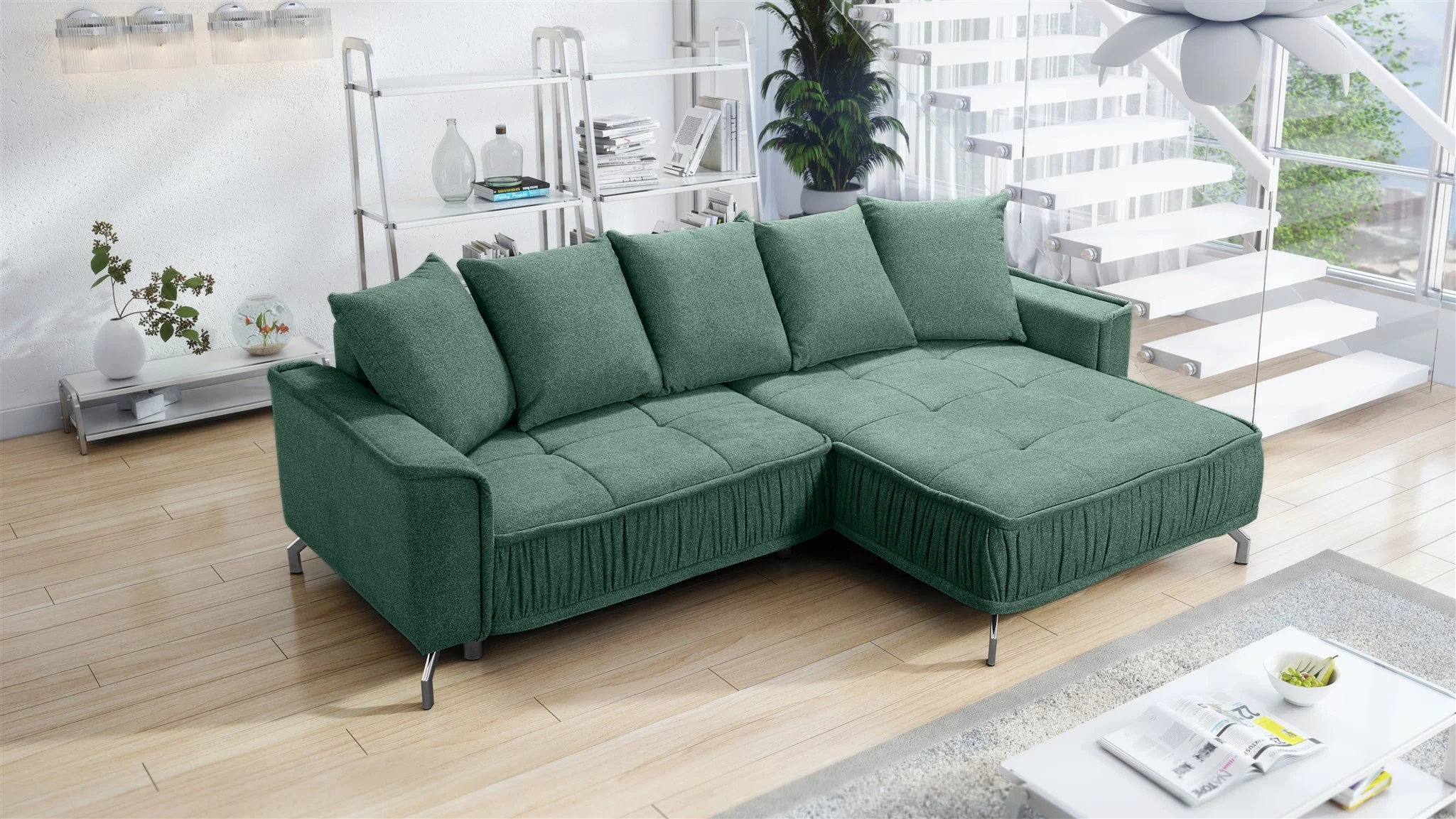 Ecksofa Schlafsofa Sofa FLORENCE Stoff Bubble Flaschengrün Ottomane Rechts - Fun Möbel