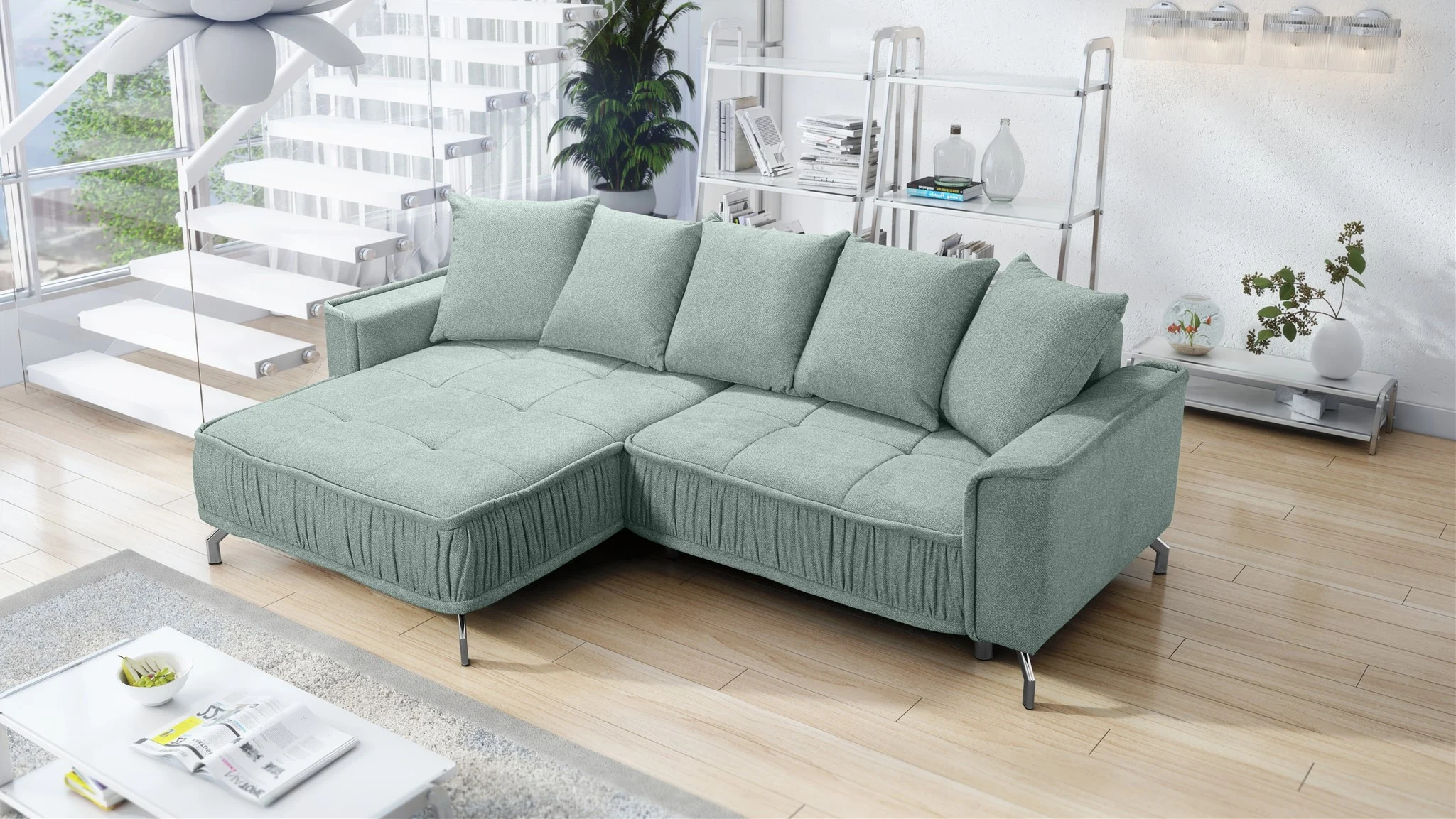 Ecksofa Schlafsofa Sofa FLORENCE Stoff Bubble Pistazie Ottomane Links - Fun Möbel