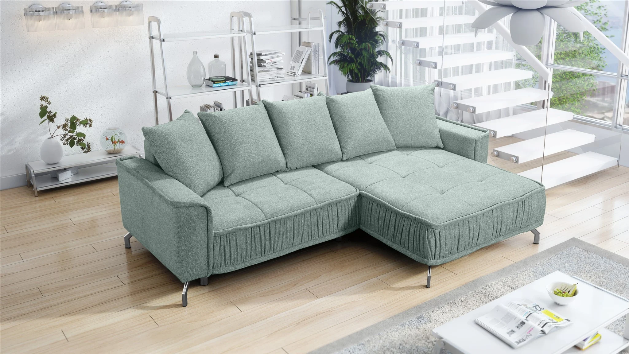 Ecksofa Schlafsofa Sofa FLORENCE Stoff Bubble Pistazie Ottomane Rechts - Fun Möbel