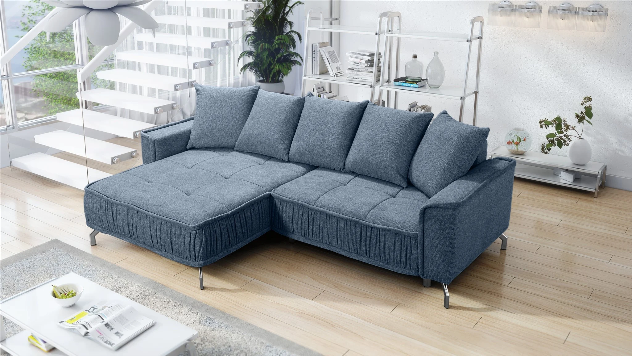 Ecksofa Schlafsofa Sofa FLORENCE Stoff Bubble Blau Ottomane Links - Fun Möbel