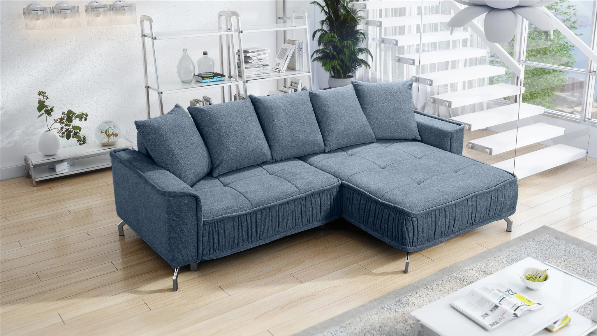 Ecksofa Schlafsofa Sofa FLORENCE Stoff Bubble Blau Ottomane Rechts - Fun Möbel