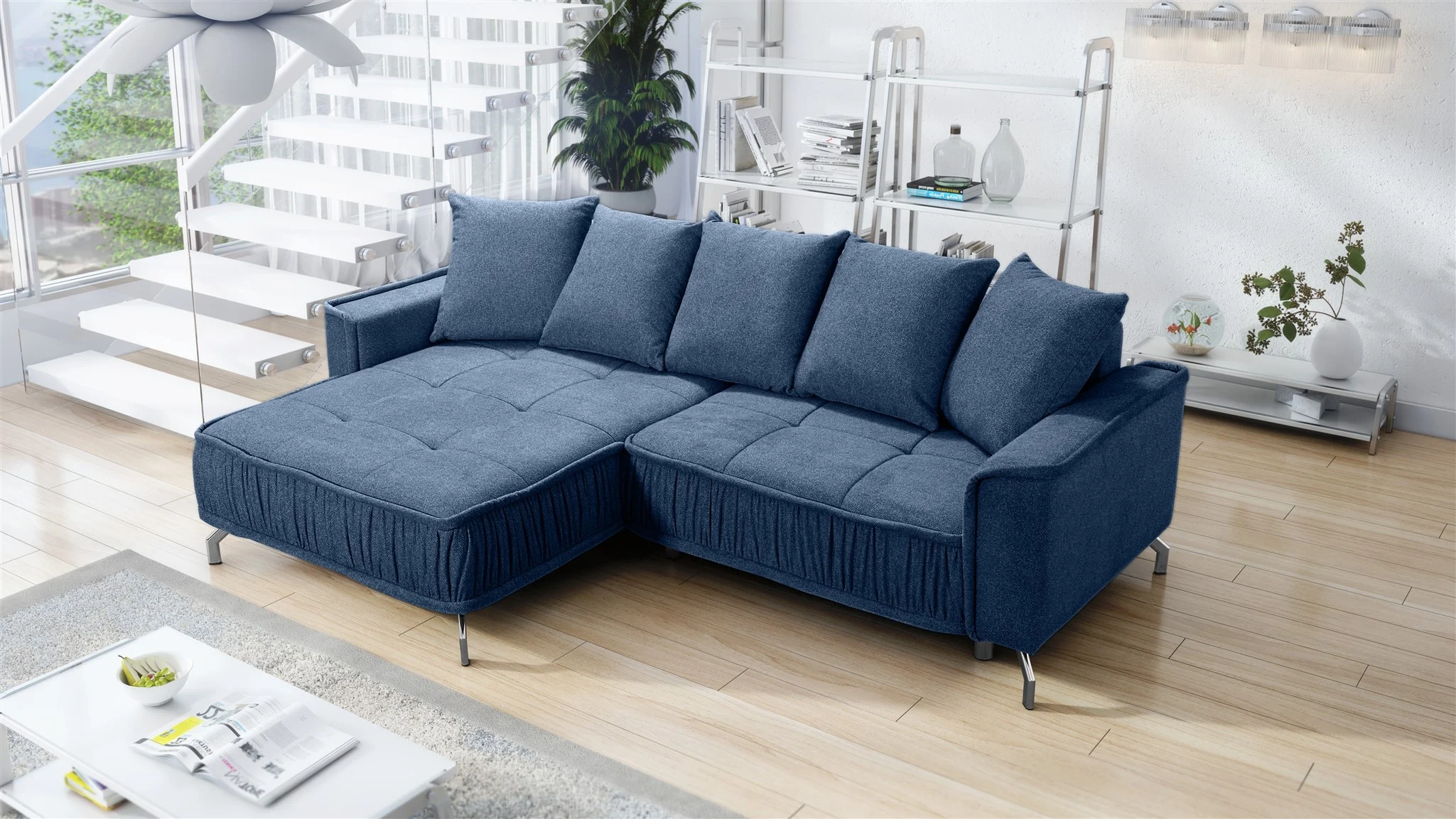 Ecksofa Schlafsofa Sofa FLORENCE Stoff Bubble Dunkelblau Ottomane Links - Fun Möbel