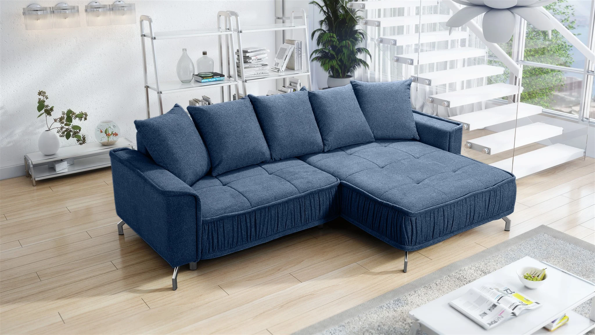 Ecksofa Schlafsofa Sofa FLORENCE Stoff Bubble Dunkelblau Ottomane Rechts - Fun Möbel