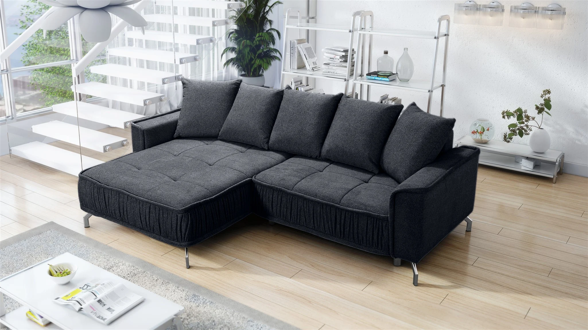 Ecksofa Schlafsofa Sofa FLORENCE Stoff Bubble Schwarz Ottomane Links - Fun Möbel