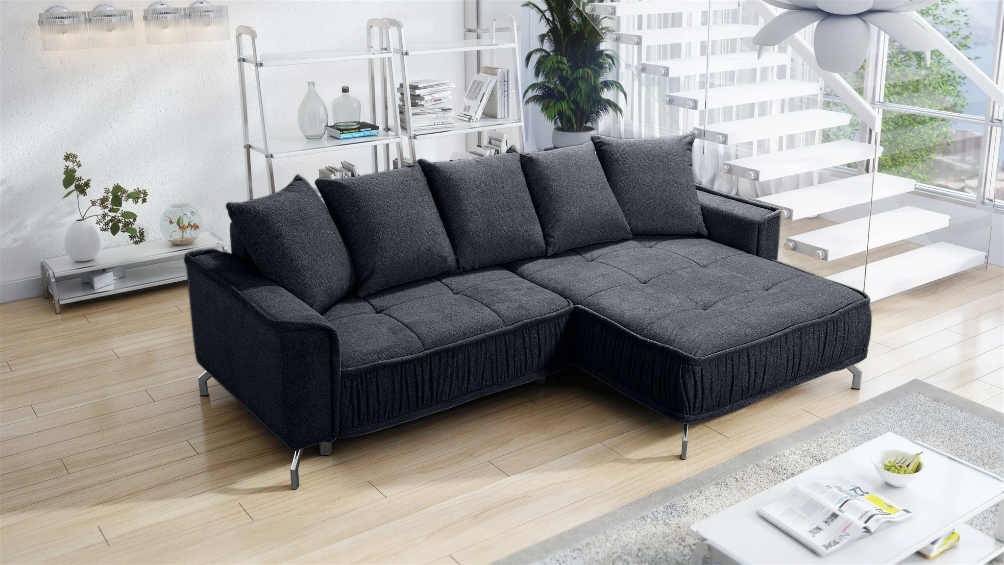 Ecksofa Schlafsofa Sofa FLORENCE Stoff Bubble Schwarz Ottomane Rechts - Fun Möbel