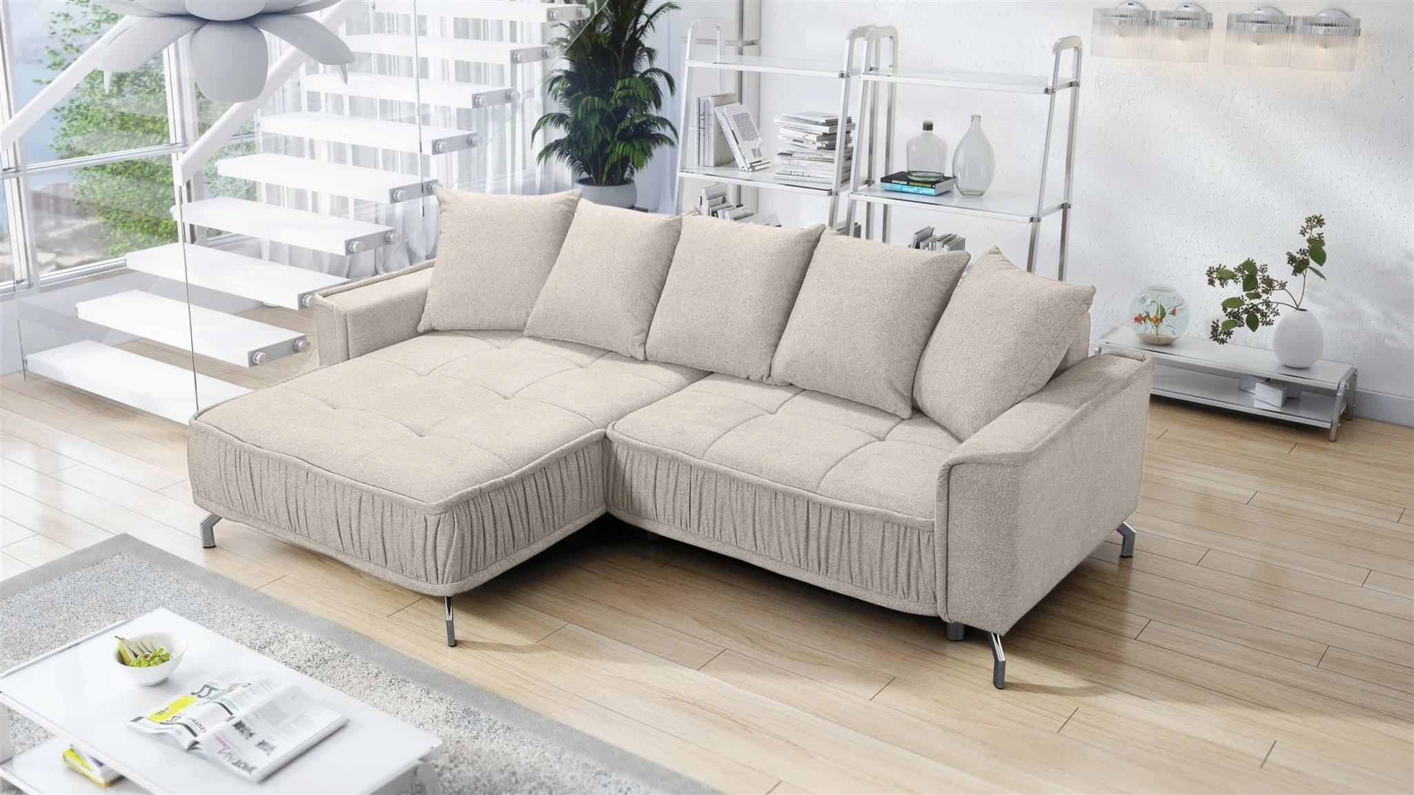 Ecksofa Schlafsofa Sofa FLORENCE Stoff Bubble Beige Ottomane Links - Fun Möbel