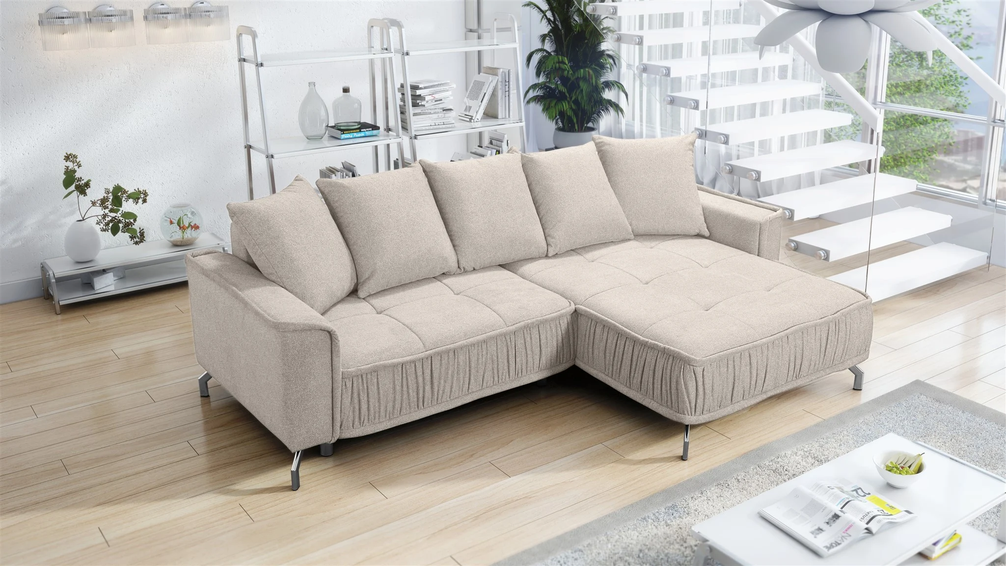 Ecksofa Schlafsofa Sofa FLORENCE Stoff Bubble Beige Ottomane Rechts - Fun Möbel