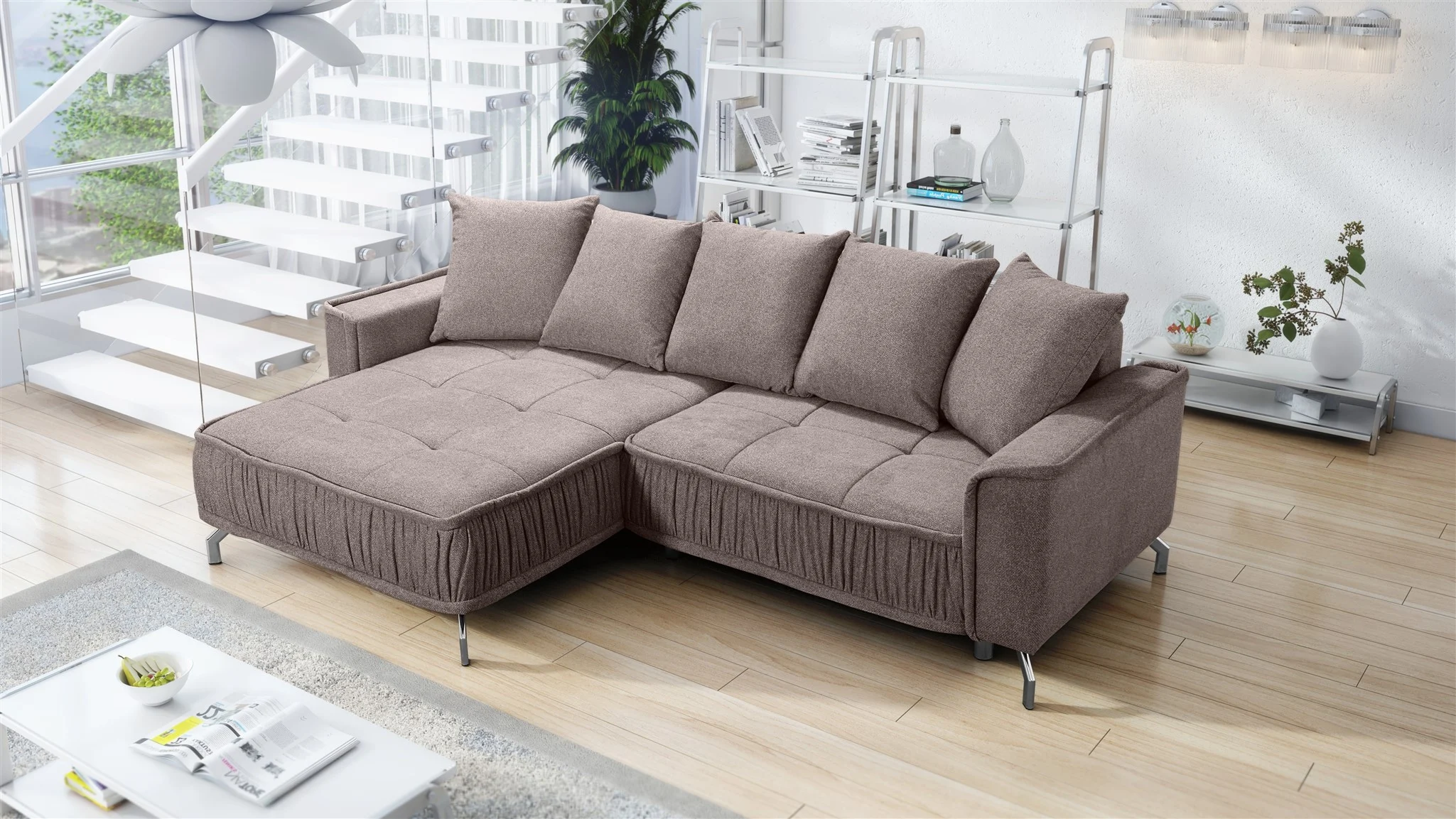 Ecksofa Schlafsofa Sofa FLORENCE Stoff Bubble Hellbraun Ottomane Links - Fun Möbel
