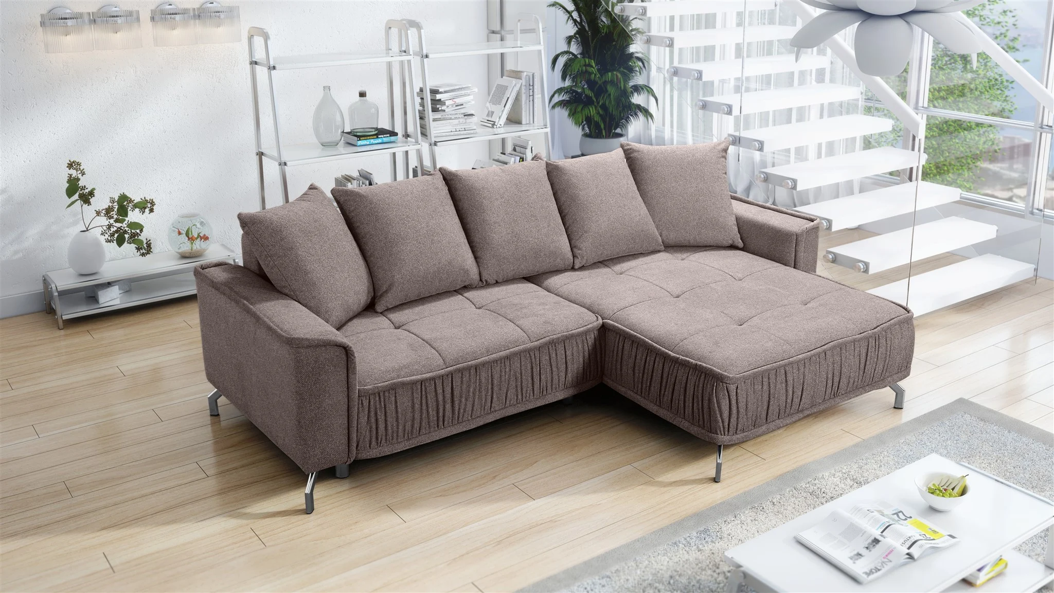 Ecksofa Schlafsofa Sofa FLORENCE Stoff Bubble Hellbraun Ottomane Rechts - Fun Möbel