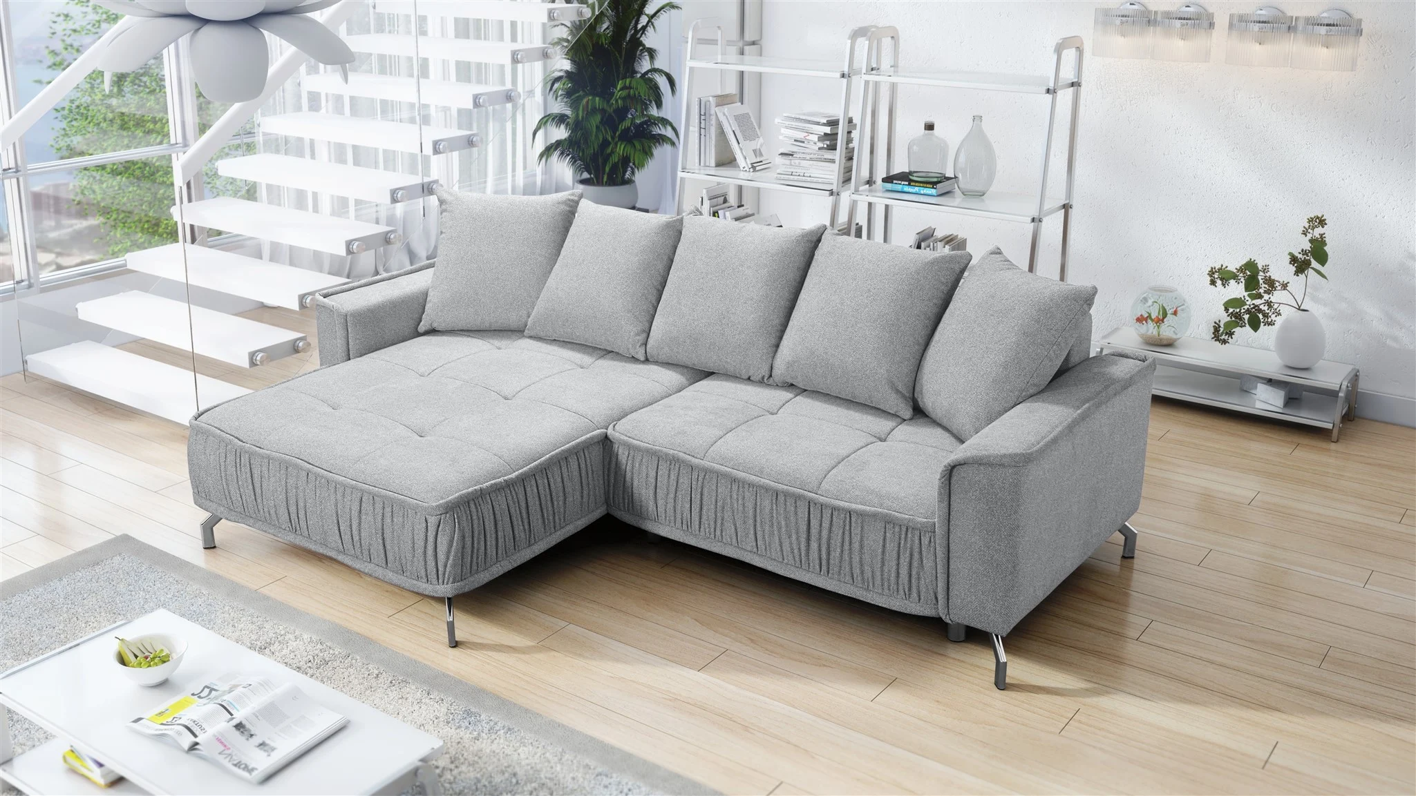 Ecksofa Schlafsofa Sofa FLORENCE Stoff Bubble Grau Ottomane Links - Fun Möbel