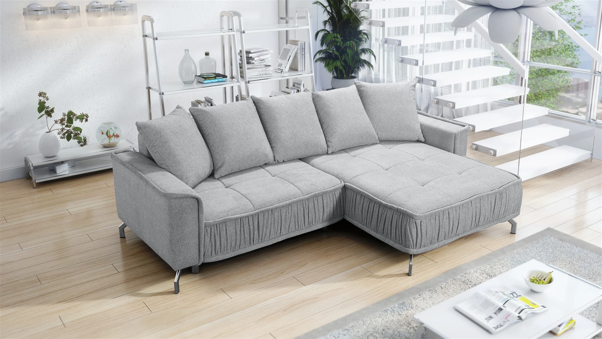 Ecksofa Schlafsofa Sofa FLORENCE Stoff Bubble Grau Ottomane Rechts - Fun Möbel