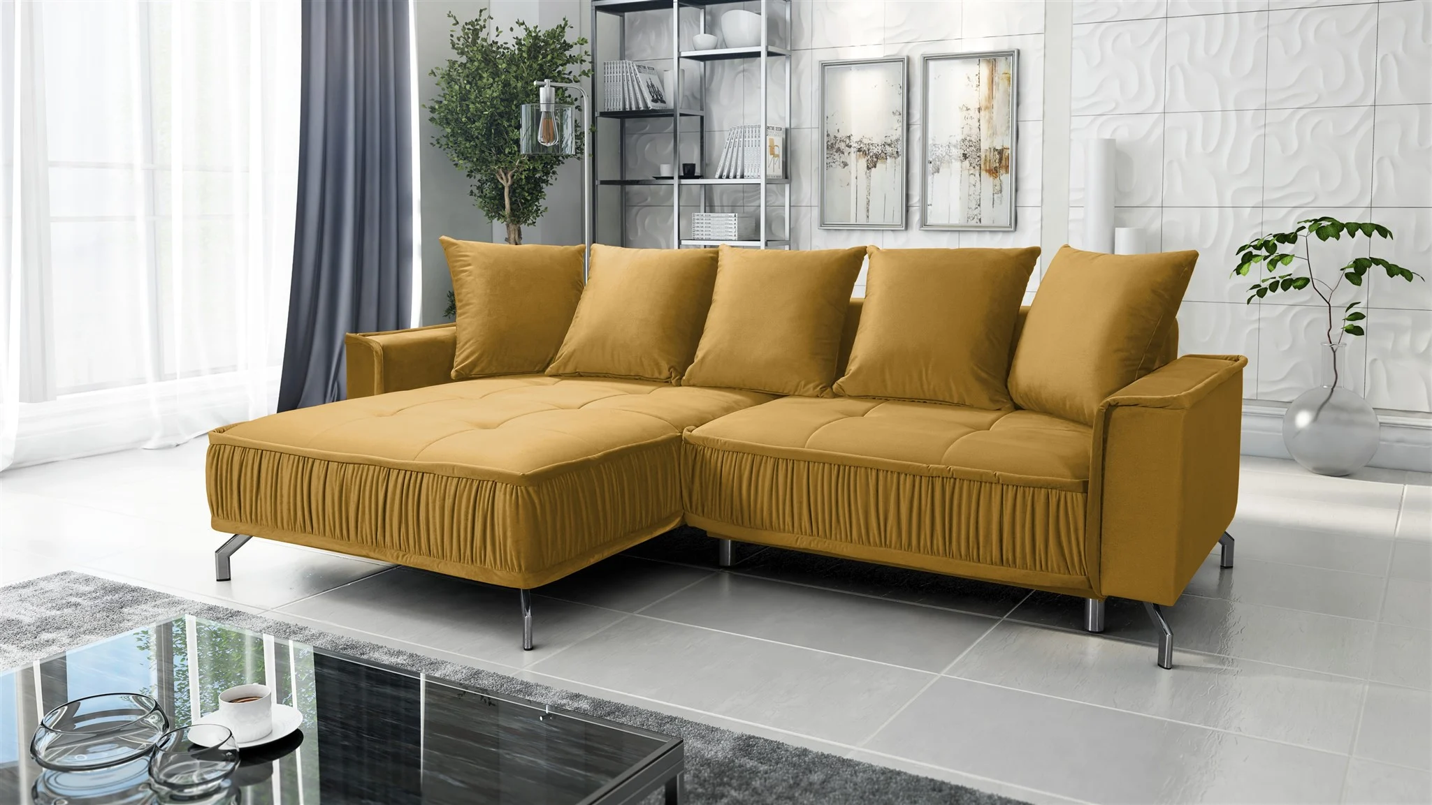 Ecksofa Schlafsofa Sofa FLORENCE Stoff Element Honiggelb Ottomane Links - Fun Möbel