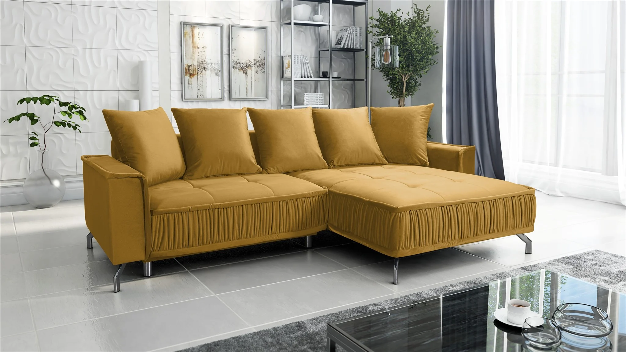 Ecksofa Schlafsofa Sofa FLORENCE Stoff Element Honiggelb Ottomane Rechts - Fun Möbel