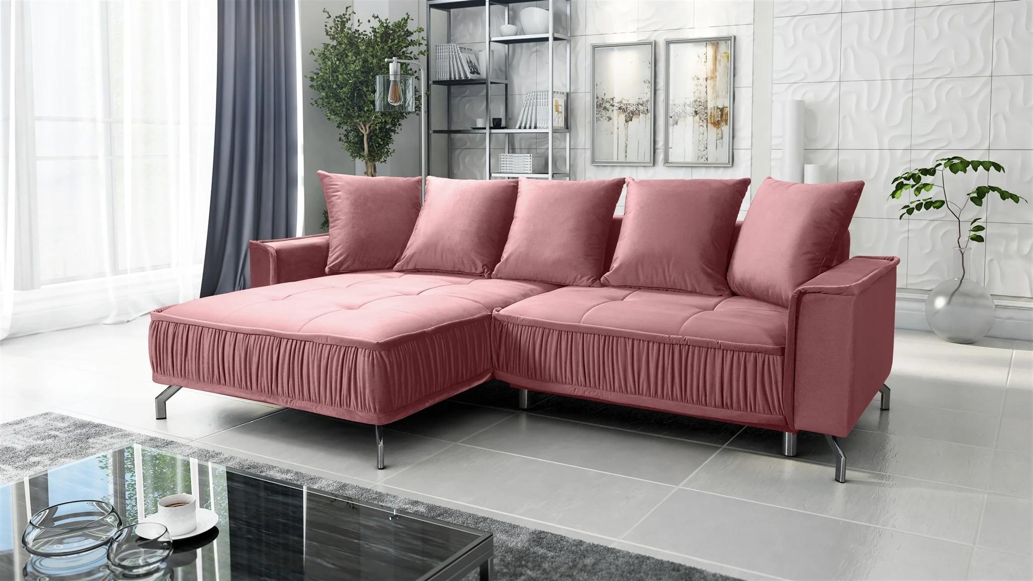 Ecksofa Schlafsofa Sofa FLORENCE Stoff Element Altrosa Ottomane Links - Fun Möbel
