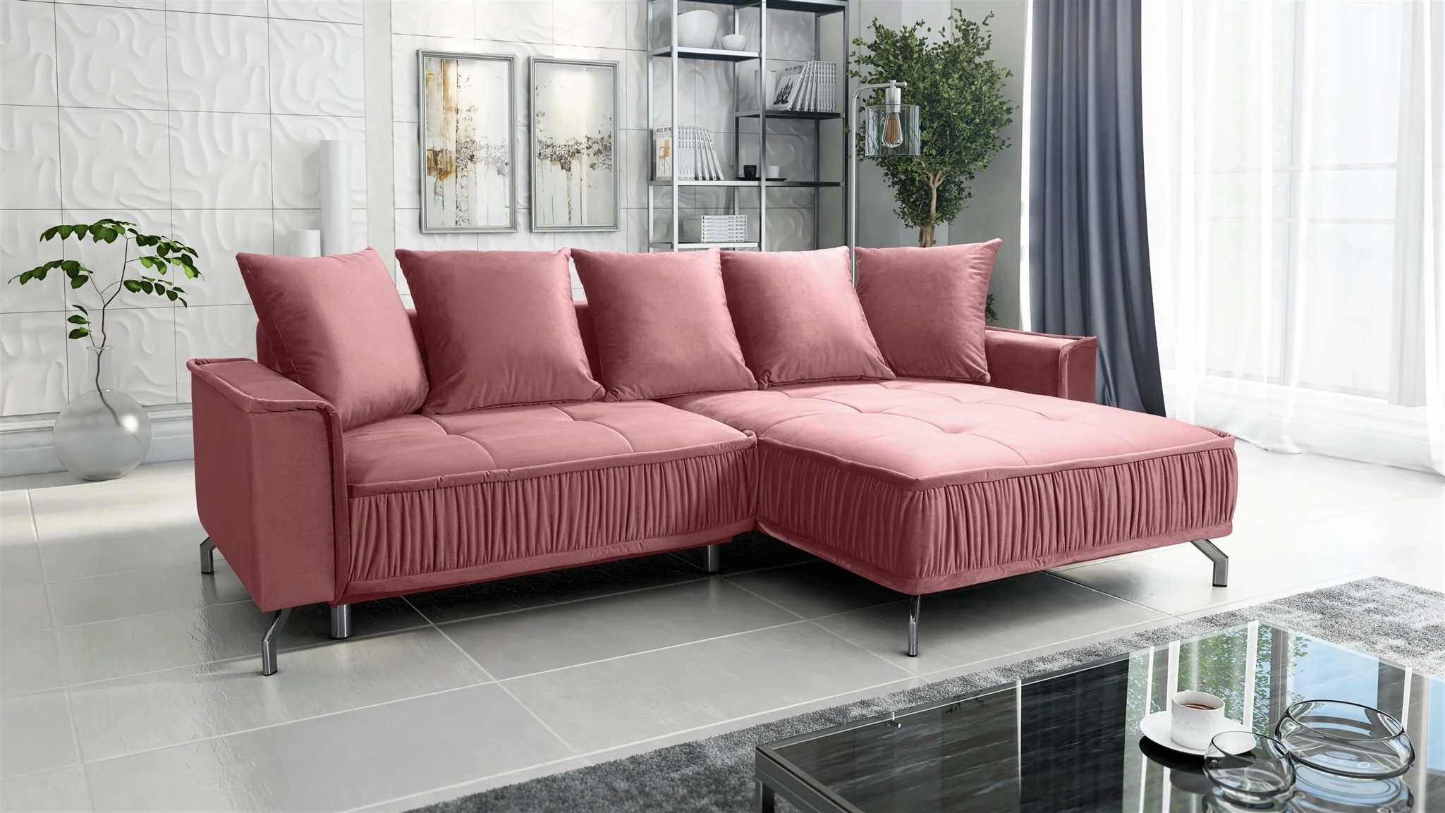Ecksofa Schlafsofa Sofa FLORENCE Stoff Element Altrosa Ottomane Rechts - Fun Möbel