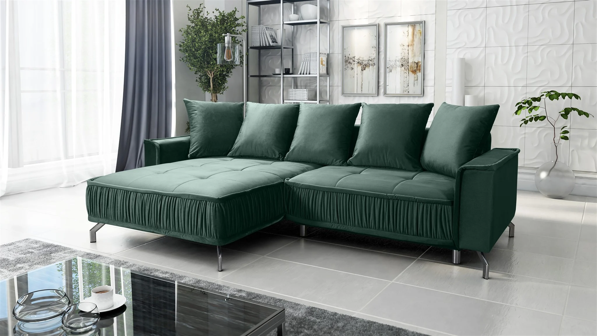 Ecksofa Schlafsofa Sofa FLORENCE Stoff Element Dunkelgrün Ottomane Links - Fun Möbel