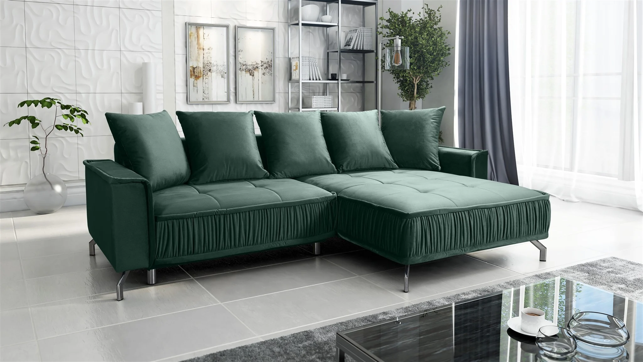 Ecksofa Schlafsofa Sofa FLORENCE Stoff Element Dunkelgrün Ottomane Rechts - Fun Möbel