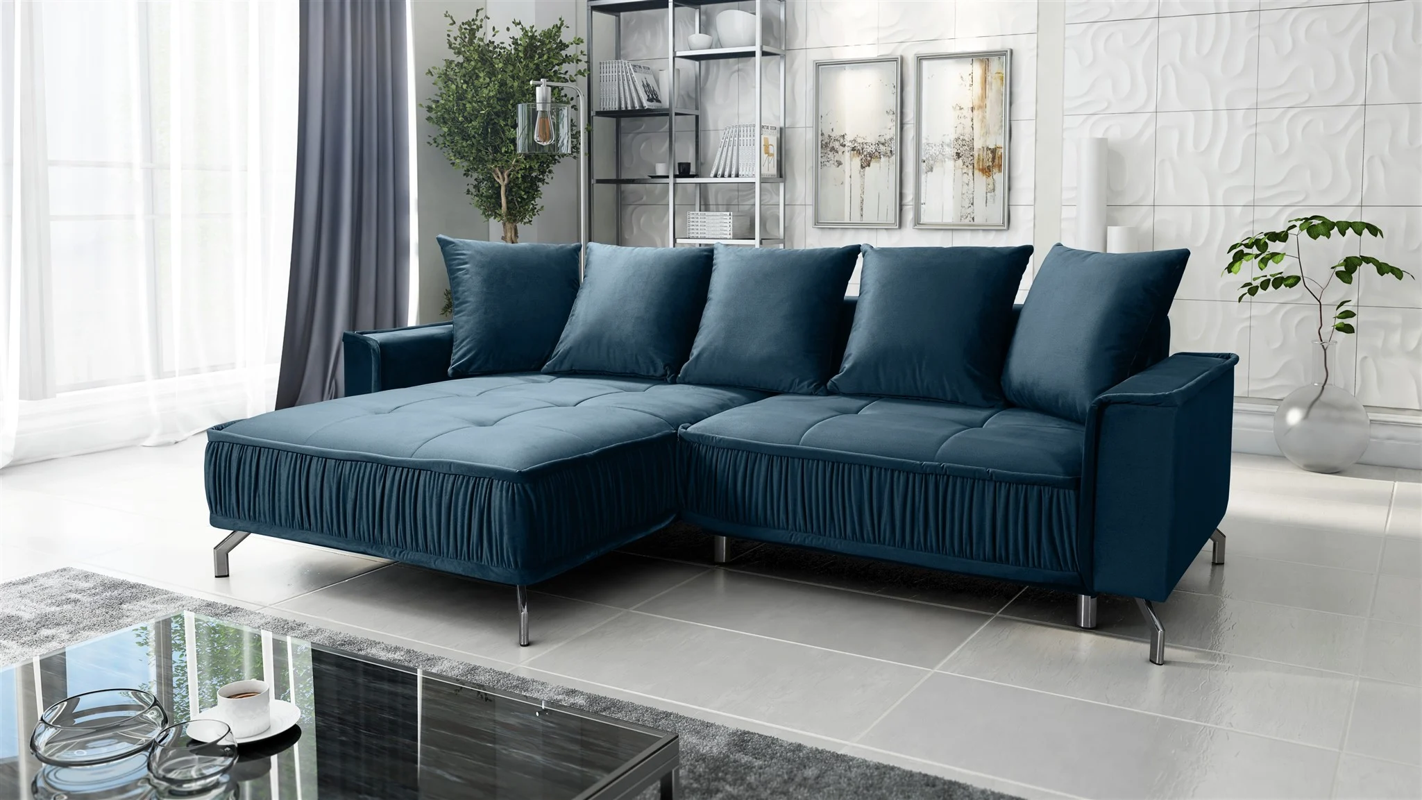 Ecksofa Schlafsofa Sofa FLORENCE Stoff Element Dunkelblau Ottomane Links - Fun Möbel