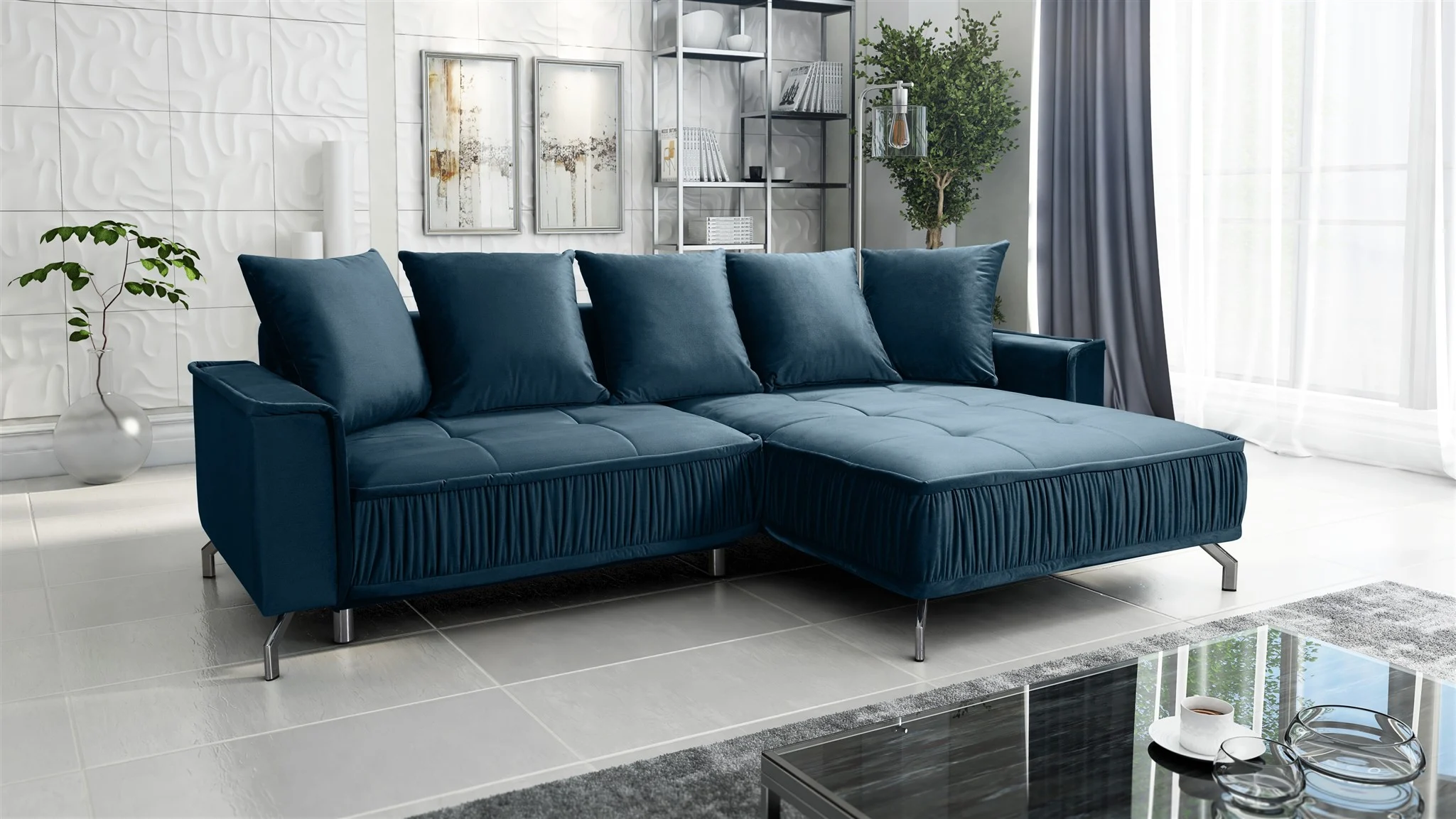 Ecksofa Schlafsofa Sofa FLORENCE Stoff Element Dunkelblau Ottomane Rechts - Fun Möbel