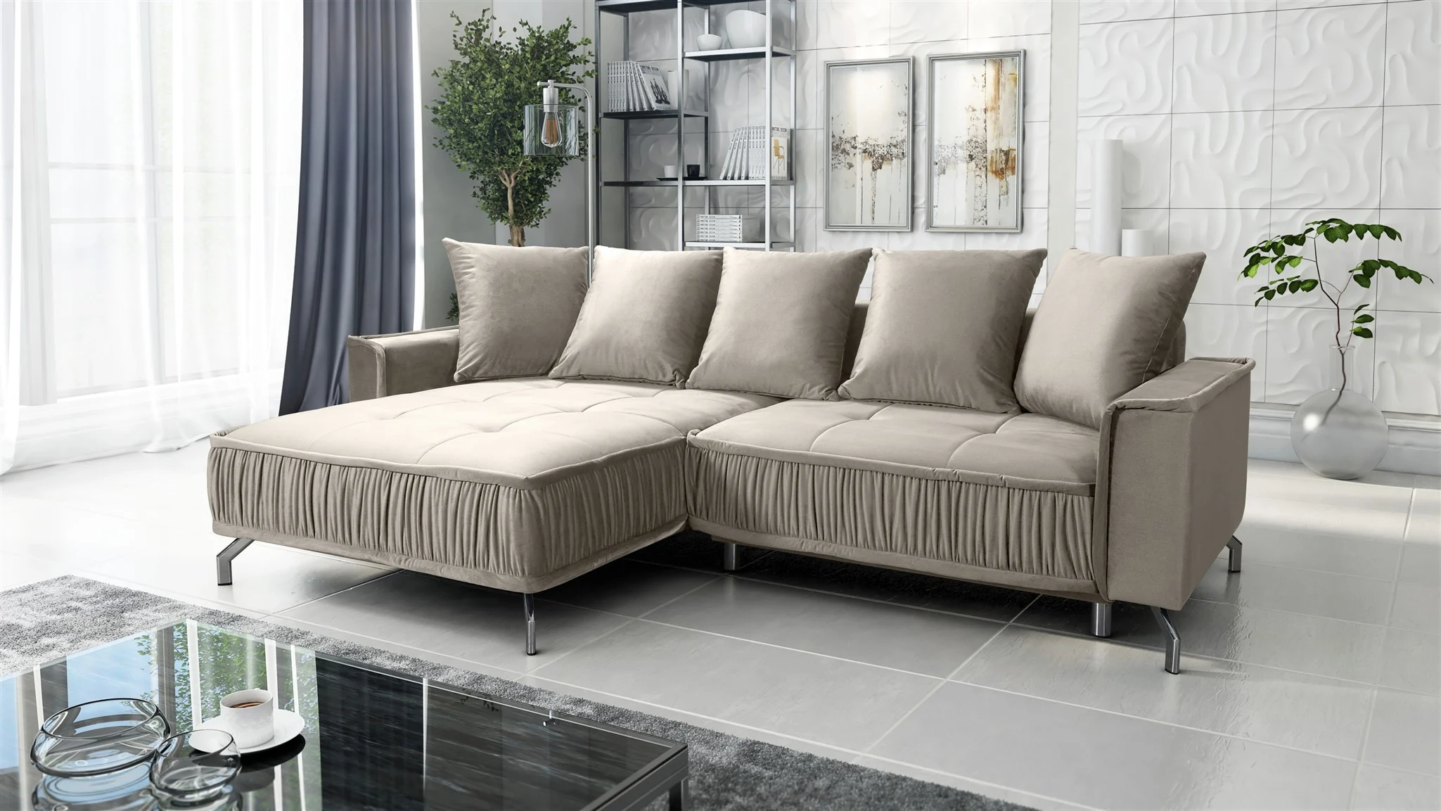 Ecksofa Schlafsofa Sofa FLORENCE Stoff Element Hellbeige Ottomane Links - Fun Möbel