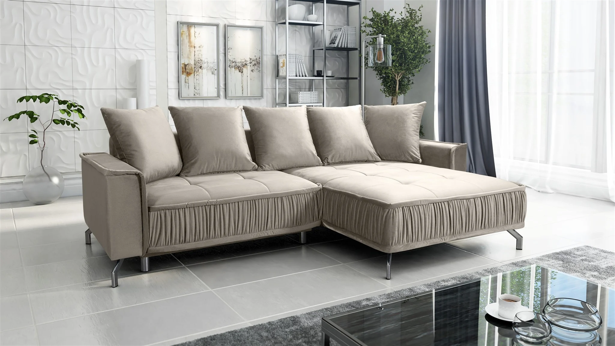 Ecksofa Schlafsofa Sofa FLORENCE Stoff Element Hellbeige Ottomane Rechts - Fun Möbel