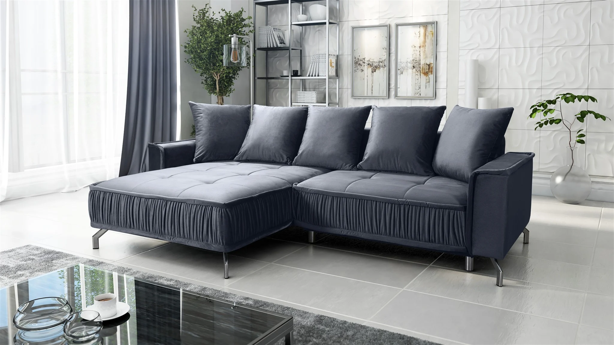 Ecksofa Schlafsofa Sofa FLORENCE Stoff Element Dunkelgrau Ottomane Links - Fun Möbel