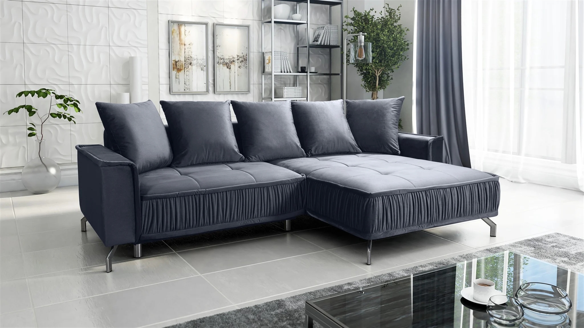 Ecksofa Schlafsofa Sofa FLORENCE Stoff Element Dunkelgrau Ottomane Rechts - Fun Möbel