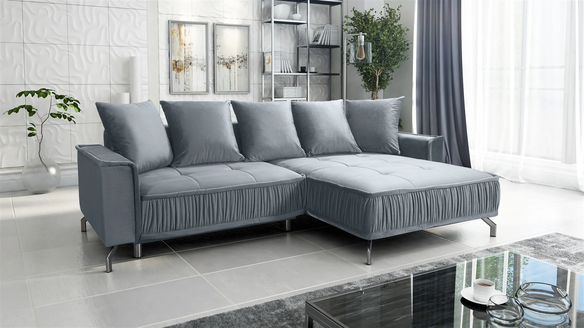 Ecksofa Schlafsofa Sofa FLORENCE Stoff Element Grau Ottomane Rechts - Fun Möbel