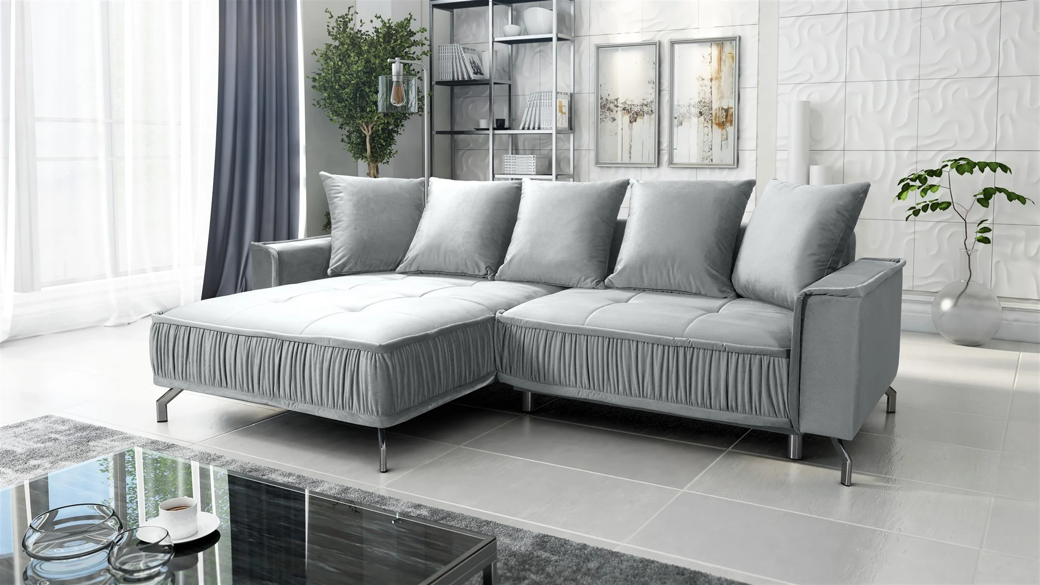 Ecksofa Schlafsofa Sofa FLORENCE Stoff Element Hellgrau Ottomane Links - Fun Möbel