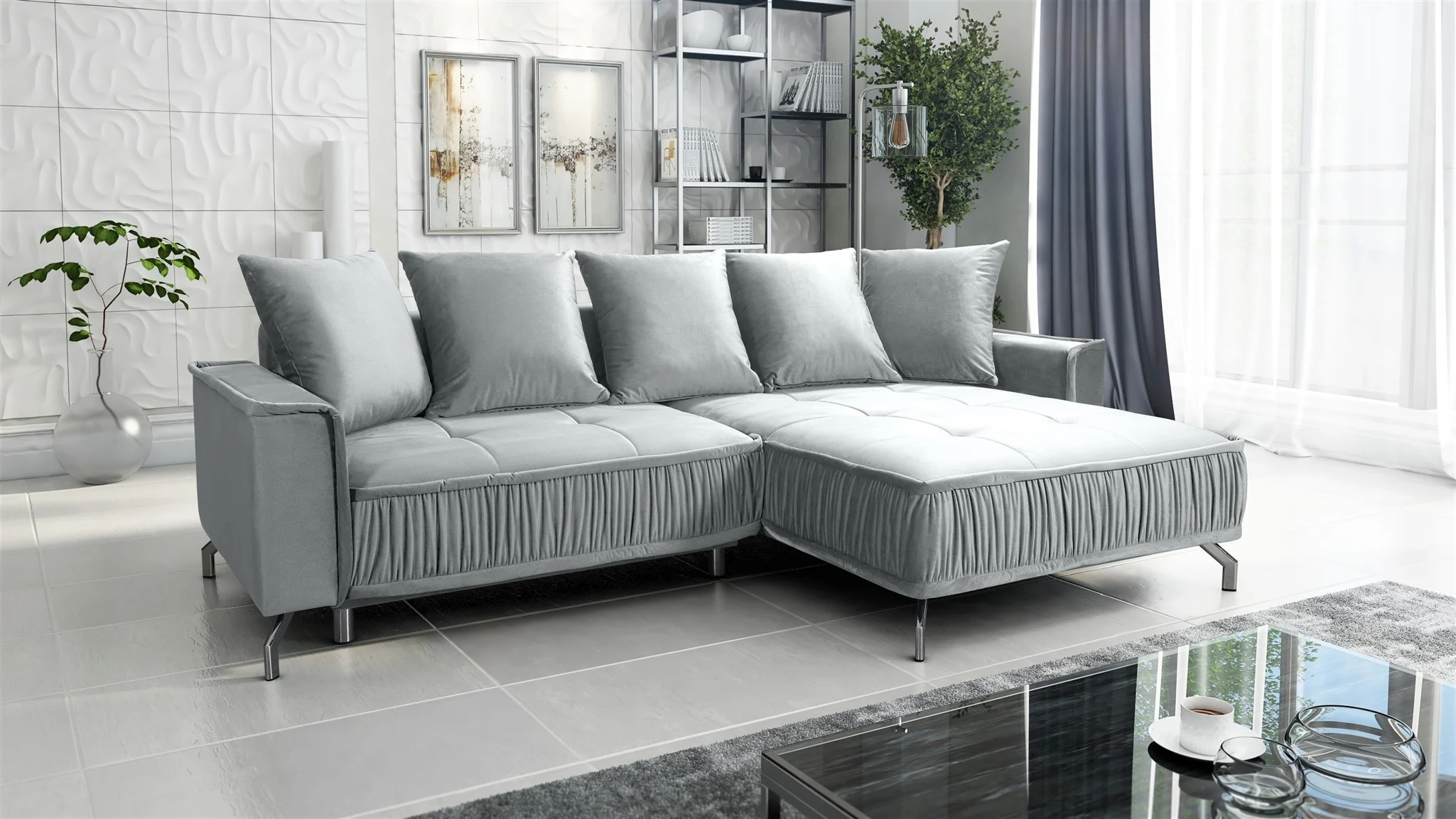 Ecksofa Schlafsofa Sofa FLORENCE Stoff Element Hellgrau Ottomane Rechts - Fun Möbel