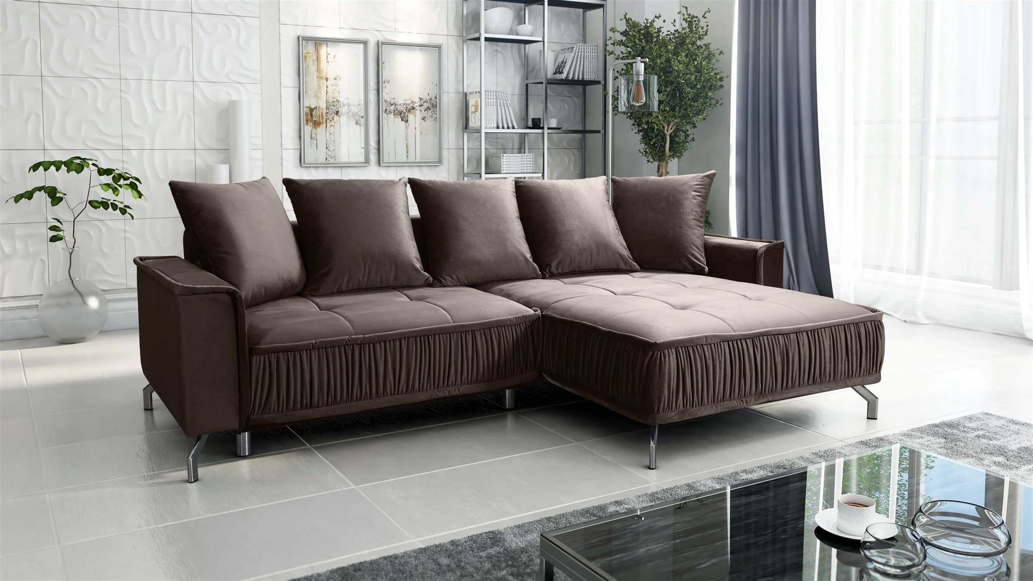 Ecksofa Schlafsofa Sofa FLORENCE Stoff Element Braun Ottomane Rechts - Fun Möbel