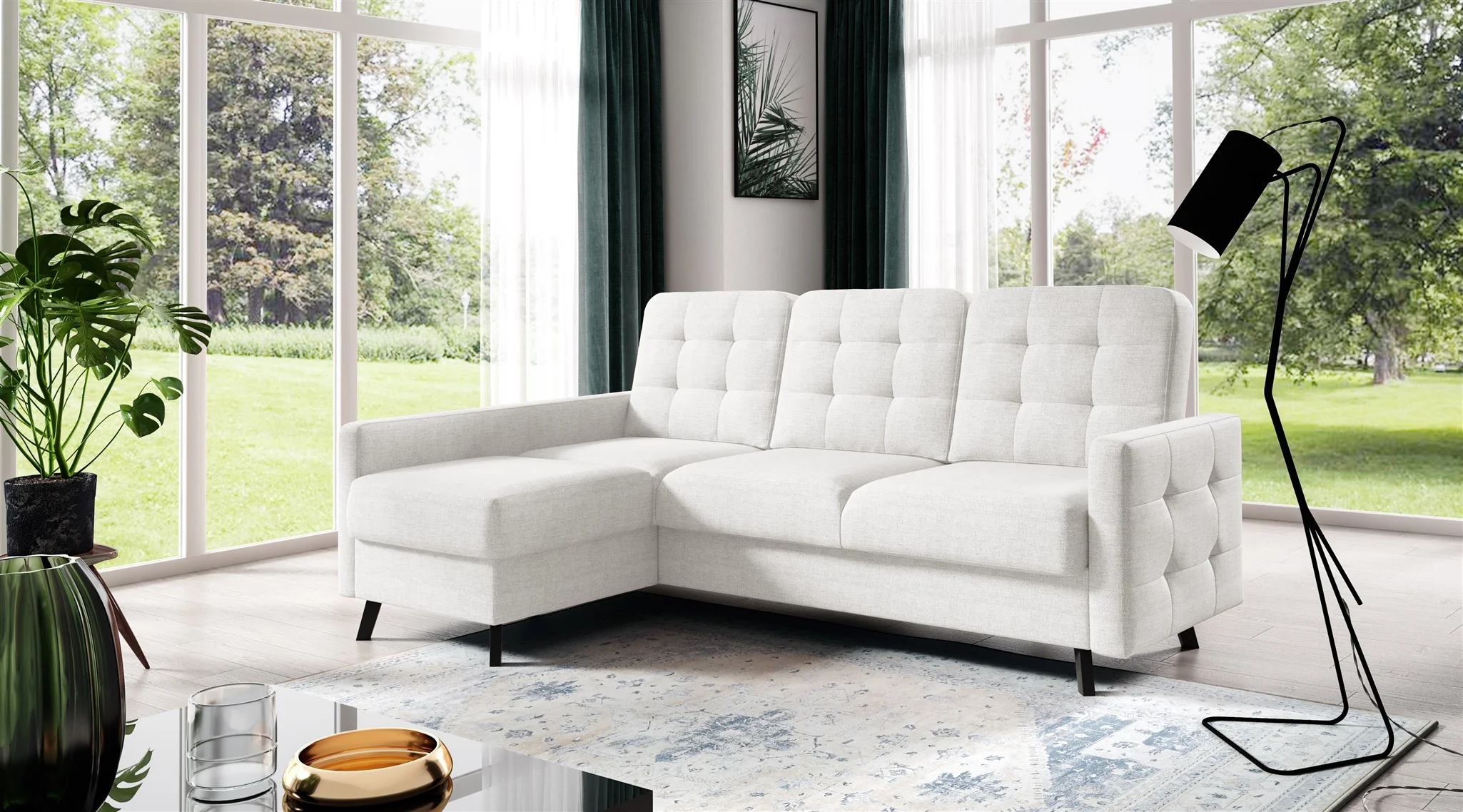 Ecksofa Sofa GARNET Stoff Luis Creme mit Schlaffunktion Ottomane Links - Fun Möbel