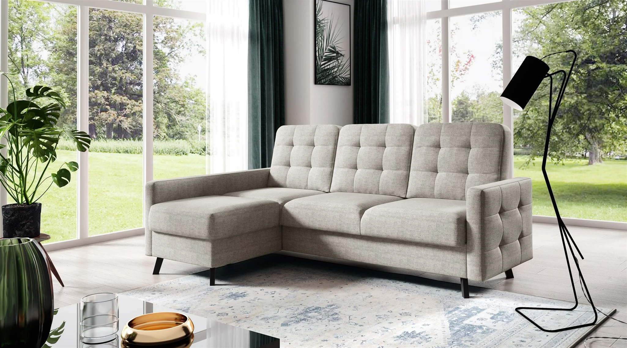 Ecksofa Sofa GARNET Stoff Luis Beige mit Schlaffunktion Ottomane Links - Fun Möbel