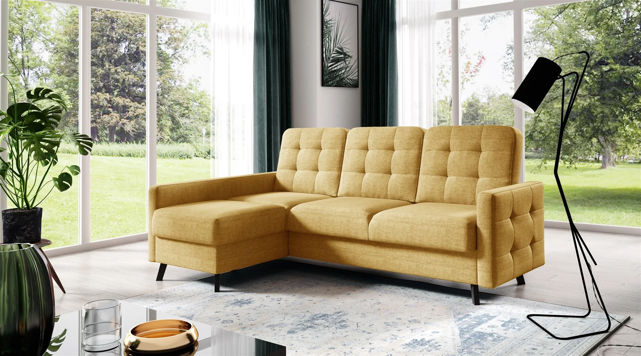 Ecksofa Sofa GARNET Stoff Luis Honiggelb mit Schlaffunktion Ottomane Links - Fun Möbel