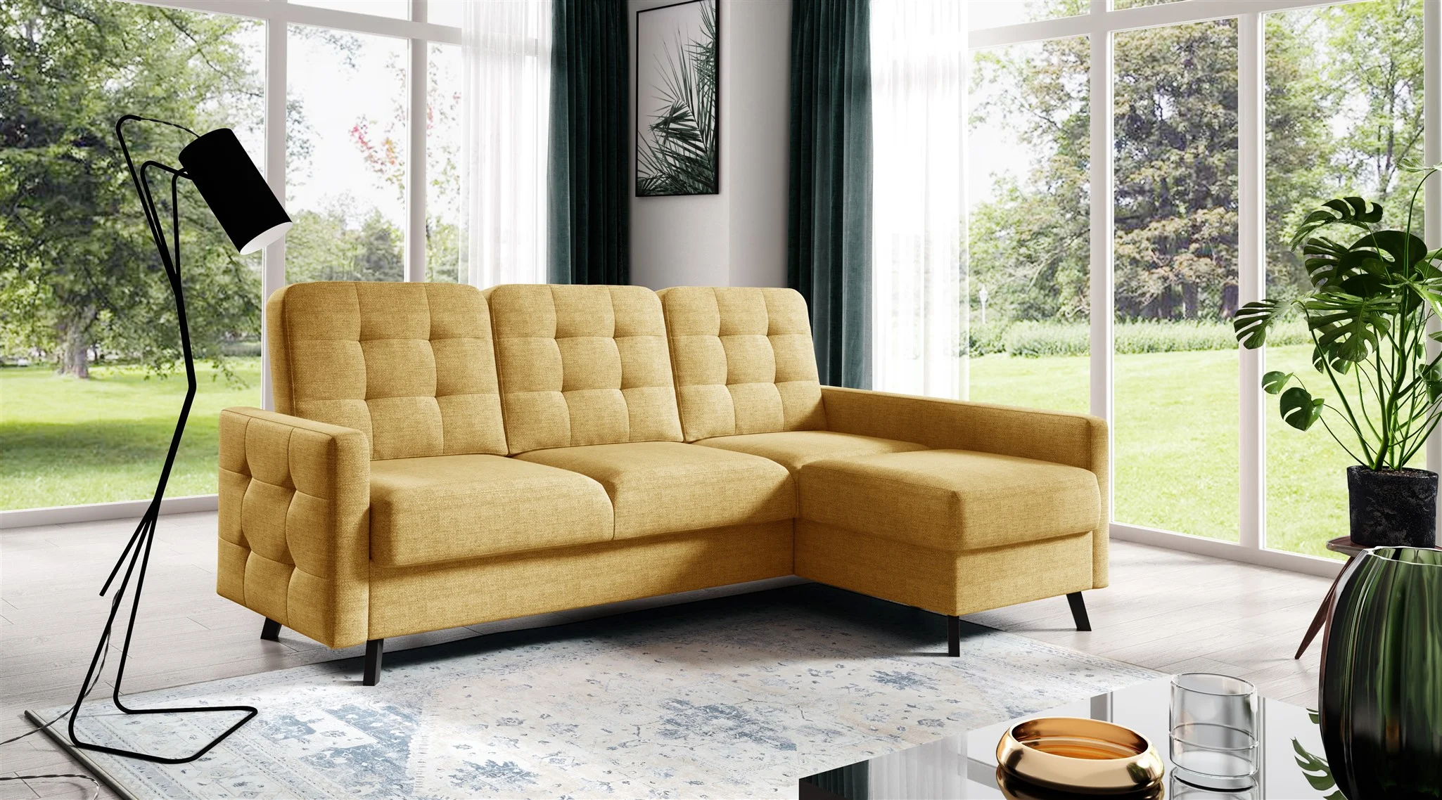 Ecksofa Sofa GARNET Stoff Luis Honiggelb mit Schlaffunktion Ottomane Rechts - Fun Möbel