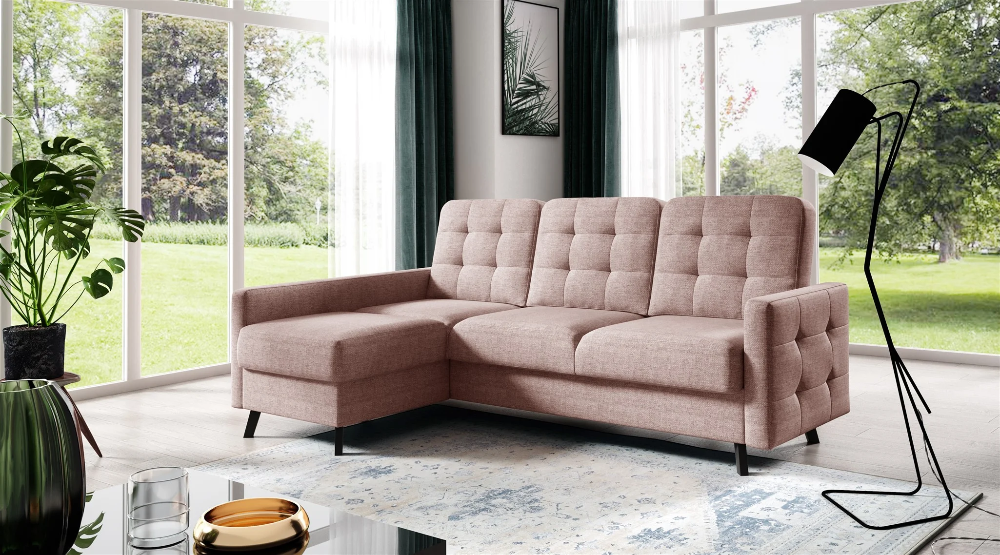 Ecksofa Sofa GARNET Stoff Luis Rosa mit Schlaffunktion Ottomane Links - Fun Möbel