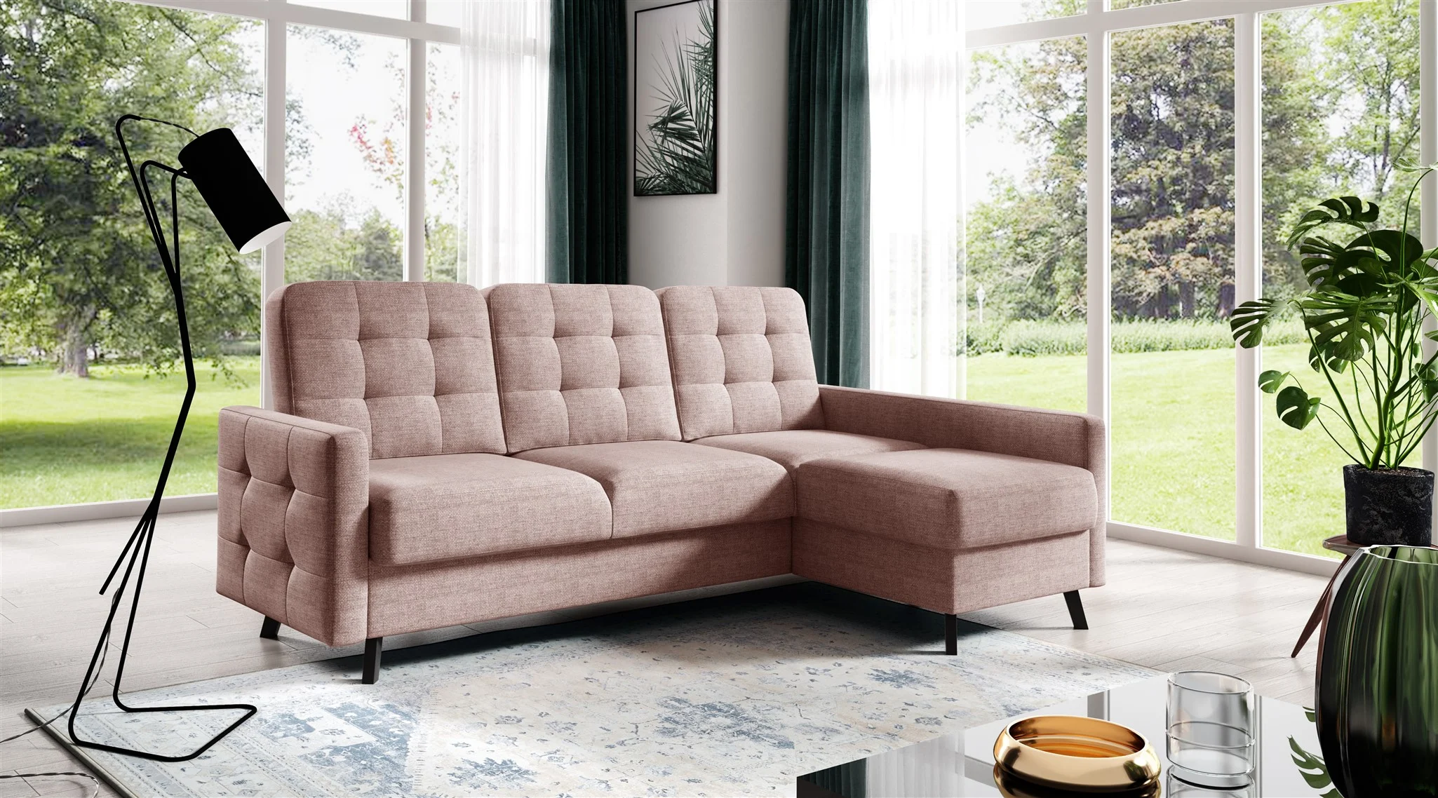 Ecksofa Sofa GARNET Stoff Luis Rosa mit Schlaffunktion Ottomane Rechts - Fun Möbel