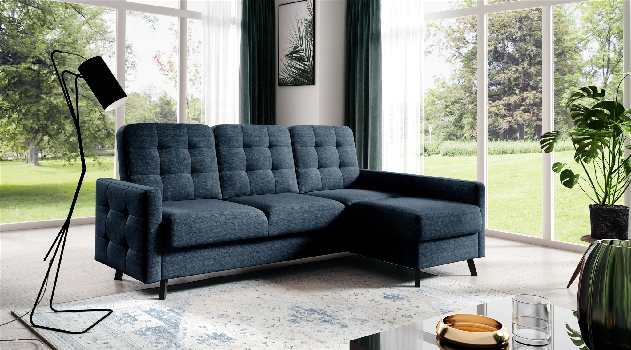 Ecksofa Sofa GARNET Stoff Luis Dunkelblau mit Schlaffunktion Ottomane Rechts - Fun Möbel